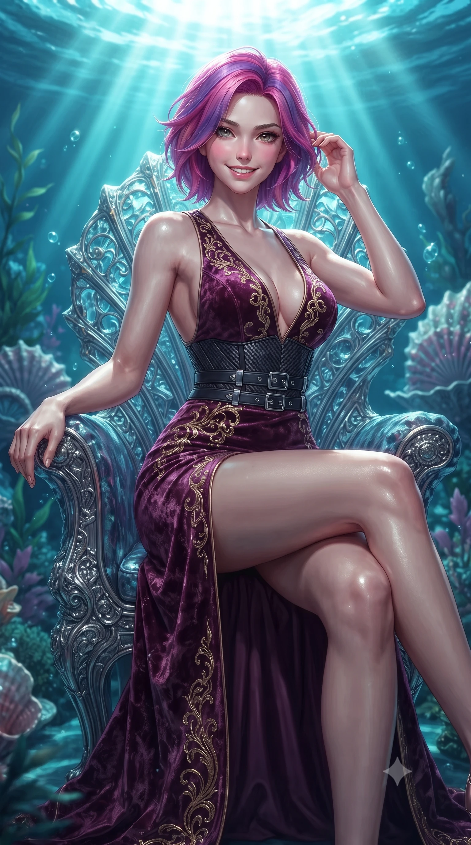 score_9, masterpiece, best quality, ultra-detailed, high-budget anime keyframe, editorial fashion photography, tasteful artistic composition, Caucasian woman. close-up cowboy shot from the waist and thighs up, the character dominates the composition, filling the frame with her large presence, background elements kept in soft focus. Smiling with quiet, magnetic self-assurance directly into the lens poised on an abyssal prism shell throne bathed in sunlit ocean rays, gentle ocean currents swaying her attire in fluid underwater motions. She has an exceptionally elegant, slender, and willowy female figure with an ultra-slim waist, a gracefully sculpted slender torso, and a refined silhouette. sharp v-shaped jawline, high-bridge nose, intricate jewel-like eyes with depth, thick eyelashes, glossy lips with a natural sheen. wearing a backless crushed velvet gown with a deep V-neckline and high thigh slit in plum purple and gold filigree, made of fine carbon-fiber weave and soft matte leather, detailed with polished silver buckles along the waistline, the sleek second-skin texture accentuating her magnetic presence. bathed in brilliant underwater sunbeams and soft turquoise caustic glow. ultra-reflective glossy finish, specular highlights, metallic sheen, high-contrast stereoscopic depth, volumetric dynamic lighting, 2k, ultra detail, master piece, 9:16 ratio