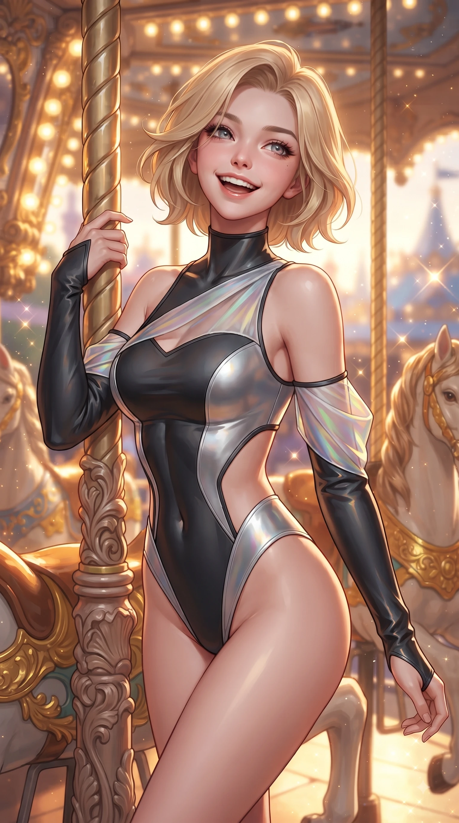 score_9, masterpiece, best quality, ultra-detailed, high-budget anime keyframe, editorial fashion photography, tasteful artistic composition, Caucasian woman. close-up cowboy shot from the waist and thighs up, the character dominates the composition, filling the frame with her large presence, background elements kept in soft focus. Tilting her chin up with a beaming smile of pure delight while balancing dynamically amidst the scene while resting playfully against a carved carousel pillar as warm golden hour lamps trace her figure, ornate carved carousel horses with gold-leaf trim reflecting bright amber highlights. She has an exceptionally elegant, slender, and willowy female figure with an ultra-slim waist, a gracefully sculpted slender torso, and a refined silhouette. sharp v-shaped jawline, high-bridge nose, intricate jewel-like eyes with depth, thick eyelashes, glossy lips with a natural sheen, flawlessly proportioned anatomical accuracy, natural body alignment, perfectly sculpted elegant limbs, clean dynamic posture without body distortion. wearing an asymmetrical high-cut tech-bodysuit with detached sleeves in matte black and polished silver, crafted from iridescent chiffon that shifts colors in the light, featuring clean architectural cutouts along her slender torso, the sleek second-skin texture accentuating her magnetic presence. surrounded by a bright, magical theme park ambiance with rich specular glow. ultra-reflective glossy finish, specular highlights, metallic sheen, high-contrast stereoscopic depth, volumetric dynamic lighting, 2k, ultra detail, master piece, 9:16 ratio