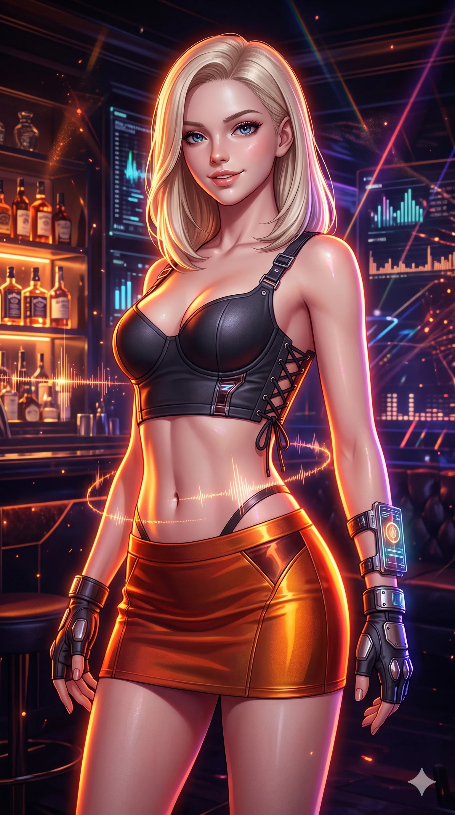 score_9, masterpiece, best quality, ultra-detailed, high-budget anime keyframe, semi-realistic 3D game render, editorial fashion photography, tasteful artistic composition, Caucasian woman. close-up cowboy shot from the waist and thighs up, the character dominates the composition, filling the frame with her large presence. twisting her slender torso in an alluring S-curve, dynamic rim light painting her narrow waist and curvy hips in fire while twisting her slender torso in an alluring S-curve, glowing liquor bottle illumination and soundwave lasers tracing her flat midriff and hourglass curves. The surrounding environment is rendered in vivid detail and crisp panoramic clarity: detailed vinyl crop top tailoring, delicate strap hardware, and luxurious underground lounge interior in razor-sharp precision. She has an exceptionally elegant, slender, and willowy female figure with an ultra-slim waist, flat toned midriff, narrow ribcage, and sculpted feminine hips creating an alluring, slim hourglass silhouette without bulk. sharp v-shaped jawline, high-bridge nose, intricate jewel-like sparkling eyes with depth, thick eyelashes, glossy parted lips with a natural sheen, bright confident smile with an enchanting and coquettish sensual glint, exuding both youthful magnetic charm and sovereign high-tech allure, flawlessly proportioned anatomical accuracy, strict slender model proportions, natural body alignment, perfectly sculpted long slender limbs, ultra-slim waistline, clean dynamic posture without body distortion. wearing a sculpted matte carbon underwire crop bustier with lace-up side ties paired with a low-rise micro skirt in fiery geothermal copper and molten amber glow, formed from supple thermal silicone composite adhering seamlessly like a second skin, complemented by fingerless armored tactical gloves and a glowing holographic wrist terminal, the bespoke structured tailoring following the natural line of her 8.5-heads silhouette with refined elegance. illuminated by counter surface bounce and sharp amber-violet rim lights sculpting her razor-sharp jawline, narrow waist, and curvy hips. highly saturated vibrant anime colors, detailed shading with soft gradients, rich glossy textures, high-contrast stereoscopic depth, volumetric dynamic lighting, master piece, 9:16 ratio