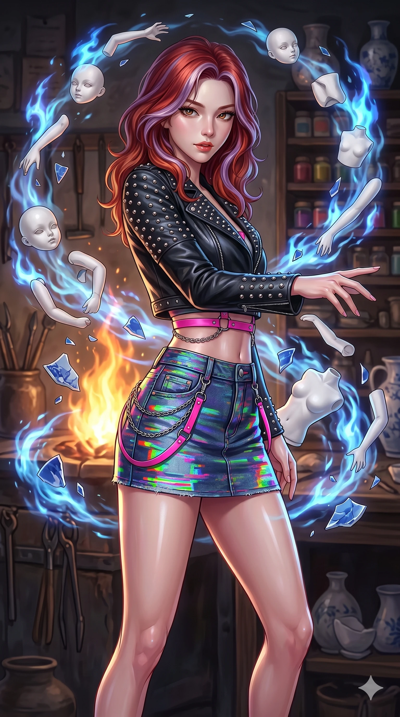 score_9, masterpiece, best quality, ultra-detailed, high-budget anime keyframe, Korean woman. upper body close-up from the thighs up, character filling the screen for maximum presence. assisting in an alchemical porcelain workshop where floating white bisque doll parts and blue porcelain shards swirl amidst blue alchemical flames. She has an absolutely perfect 8-heads proportion, an exceptionally tall and slender female figure with impossibly long slender legs and an ultra-slim waist. V-shaped jawline, high-bridge nose, intricate jewel-like eyes with depth, thick eyelashes, glossy lips with a natural sheen.. wearing a glitch denim and studded leather outfit, featuring an RGB glitch pattern denim micro-skirt, a single-sleeve cropped leather jacket, and neon pink harness straps. lit by a soft glowing ambient light and a sharp side key light that traces the sleek contours of her athletic build. 2k, ultra detail, master piece, 9:16 ratio