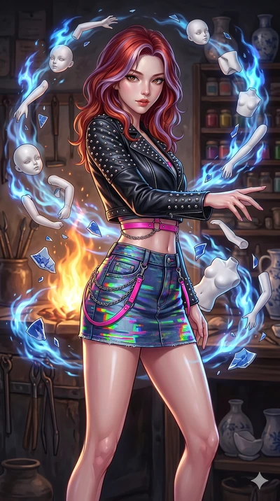 score_9, masterpiece, best quality, ultra-detailed, high-budget anime keyframe, Korean woman. upper body close-up from the thighs up, character filling the screen for maximum presence. assisting in an alchemical porcelain workshop where floating whit