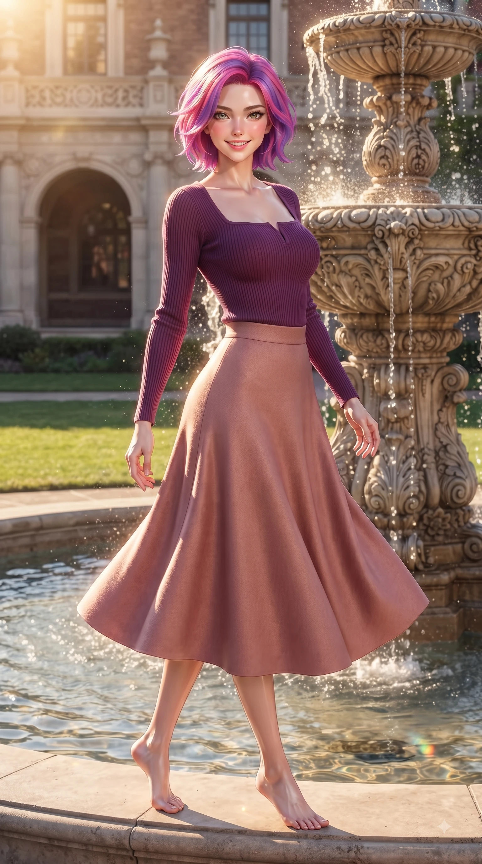 score_9, masterpiece, best quality, ultra-detailed, high-budget anime keyframe, editorial fashion photography, tasteful artistic composition, Caucasian woman. low angle full-body shot from head to toe showing her feet, filling the entire 9:16 vertical frame with her statuesque presence, stretching her vertical silhouette. pivoting dynamically with a fresh infectious smile, her ultra-slim waist creating a sweeping fluid curve while resting near a grand campus stone fountain with a sweet, radiant expression in her eyes. The surrounding environment is rendered in vivid detail and crisp panoramic clarity. intricate fountain carvings, sunlit lawn textures, and historical facade details rendered in high resolution. She has an absolutely perfect, statuesque 8.5-heads proportion, an exceptionally tall and slender model-like female figure with impossibly long slender legs and an ultra-slim waist. sharp v-shaped jawline, high-bridge nose, intricate jewel-like eyes with depth, thick eyelashes, glossy lips with a natural sheen, flawlessly proportioned anatomical accuracy, natural body alignment, perfectly sculpted elegant limbs, clean dynamic posture without body distortion. wearing a chic square-neck ribbed top paired with a flowing A-line midi skirt in rich plum purple and rose gold, knitted from soft cozy cashmere yarn, accented with a Tasteful chest slit framing her clavicle gracefully, the elegant draped fit framing her graceful clavicle and slender torso. illuminated by warm golden sunbursts and bright clear sky refractions. ultra-reflective glossy finish, specular highlights, metallic sheen, high-contrast stereoscopic depth, volumetric dynamic lighting, 2k, ultra detail, master piece, 9:16 ratio