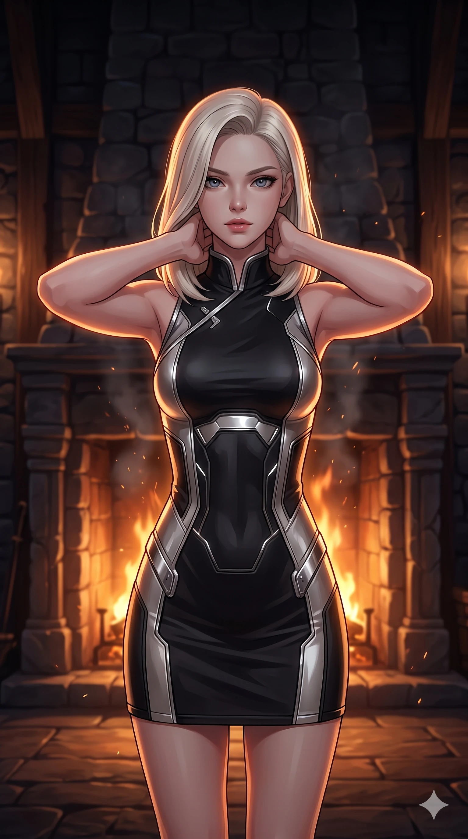 score_9, masterpiece, best quality, ultra-detailed, high-budget anime keyframe, semi-realistic 3D game render, editorial fashion photography, tasteful artistic composition, Caucasian woman. close-up cowboy shot from the waist and thighs up, the character dominates the composition, filling the frame with her large presence. resting both hands lightly behind her neck with elbows raised, arching her spine to highlight her narrow waist, flat midriff, and breathtaking collarbones while standing poised on the bear-skin rug before a roaring monumental stone fireplace, arching her spine with seductive elegance as warm firelight caresses her silhouette. The surrounding environment is rendered in vivid detail and crisp panoramic clarity: detailed anime keyframe lines, rich fabric textures, and monumental fortress craftsmanship in razor-sharp precision. She has an exceptionally elegant, slender, and willowy female figure with an ultra-slim waist, flat toned midriff, narrow ribcage, and sculpted feminine hips creating an alluring, slim hourglass silhouette without bulk. sharp v-shaped jawline, high-bridge nose, intricate jewel-like eyes with depth, thick eyelashes, glossy parted lips with a natural sheen, intensely captivating and seductive bedroom-eyes expression, flawlessly proportioned anatomical accuracy, strict slender model proportions, natural body alignment, perfectly sculpted long slender limbs, ultra-slim waistline, clean dynamic posture without body distortion. wearing a modernized cyber-qipao mini dress with an ultra-high side slit ascending to the hip and glowing piping in dark onyx black and molten platinum, tailored from liquid silk jersey adhering flawlessly to her slender build, accented with a chrome-drop body harness subtly framing her dewy collarbones and spine, the form-contouring silhouette accentuating her sculpted flat midriff, narrow delicate ribcage, and gracefully curvy hips with intoxicating allure. illuminated by dynamic warm 2000K roaring firelight casting deep sculpted shadows and radiant amber rim lights across her body. highly saturated vibrant anime colors, detailed shading with soft gradients, rich glossy textures, high-contrast stereoscopic depth, volumetric dynamic lighting, master piece, 9:16 ratio