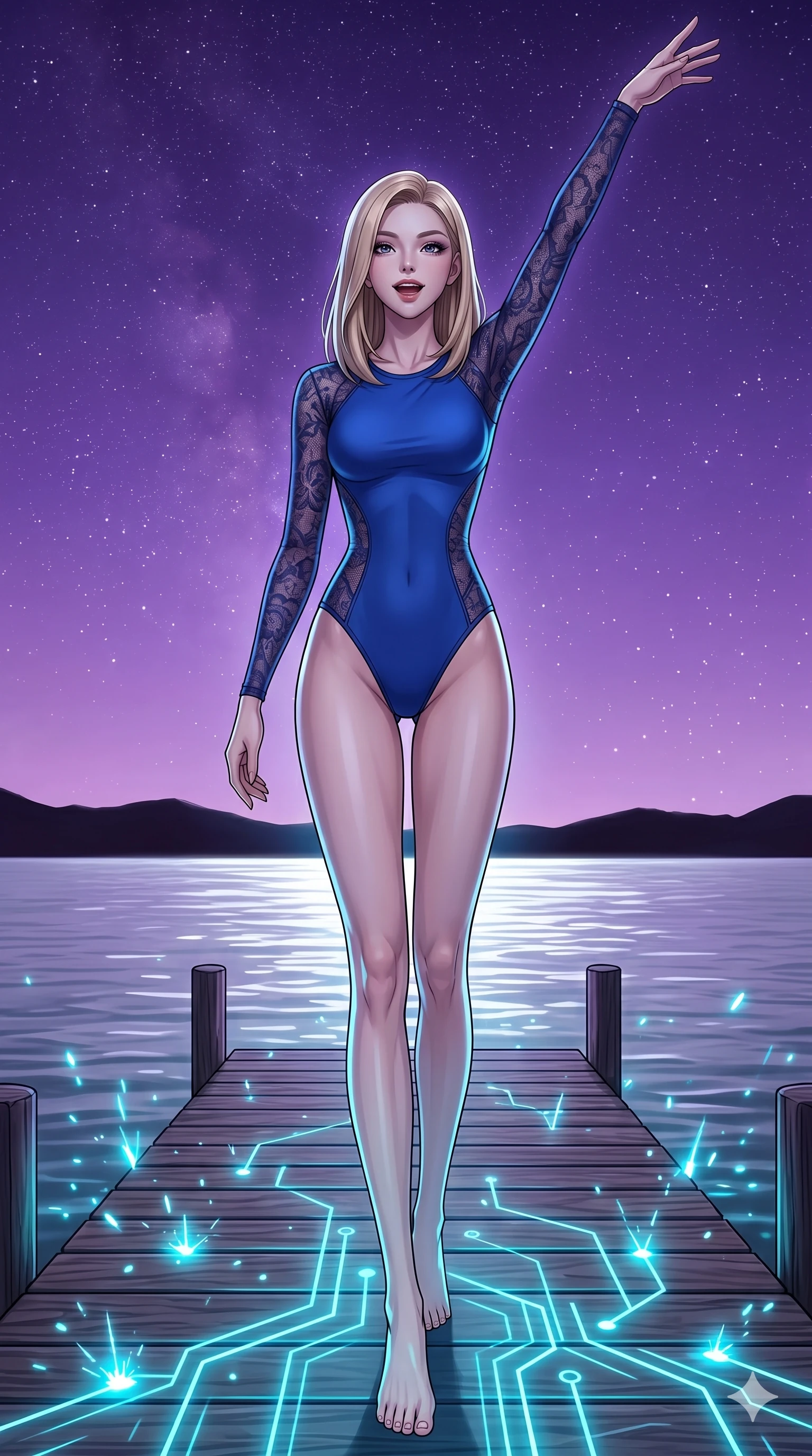 score_9, masterpiece, best quality, ultra-detailed, high-budget anime keyframe, editorial fashion photography, tasteful artistic composition, Korean woman. low angle full-body shot from head to toe showing her feet, filling the entire 9:16 vertical frame with her statuesque presence, stretching her vertical silhouette. Gliding forward with one arm sweeping upward toward the sky in a gesture of pure triumph on a wooden dock overlooking a lake of liquid silver under a sky of purple stars. She has an absolutely perfect 8-heads proportion, an exceptionally tall and slender female figure with impossibly long slender legs and an ultra-slim waist. V-shaped jawline, high-bridge nose, intricate jewel-like eyes with depth, thick eyelashes, glossy lips with a natural sheen. wearing a precision-fitted cobalt blue bodysuit featuring semi-opaque dark lace sleeves and side panels. lit by electric cyan sparks and glowing circuit paths from the floor, casting sharp under-lighting. 2k, ultra detail, master piece, 9:16 ratio