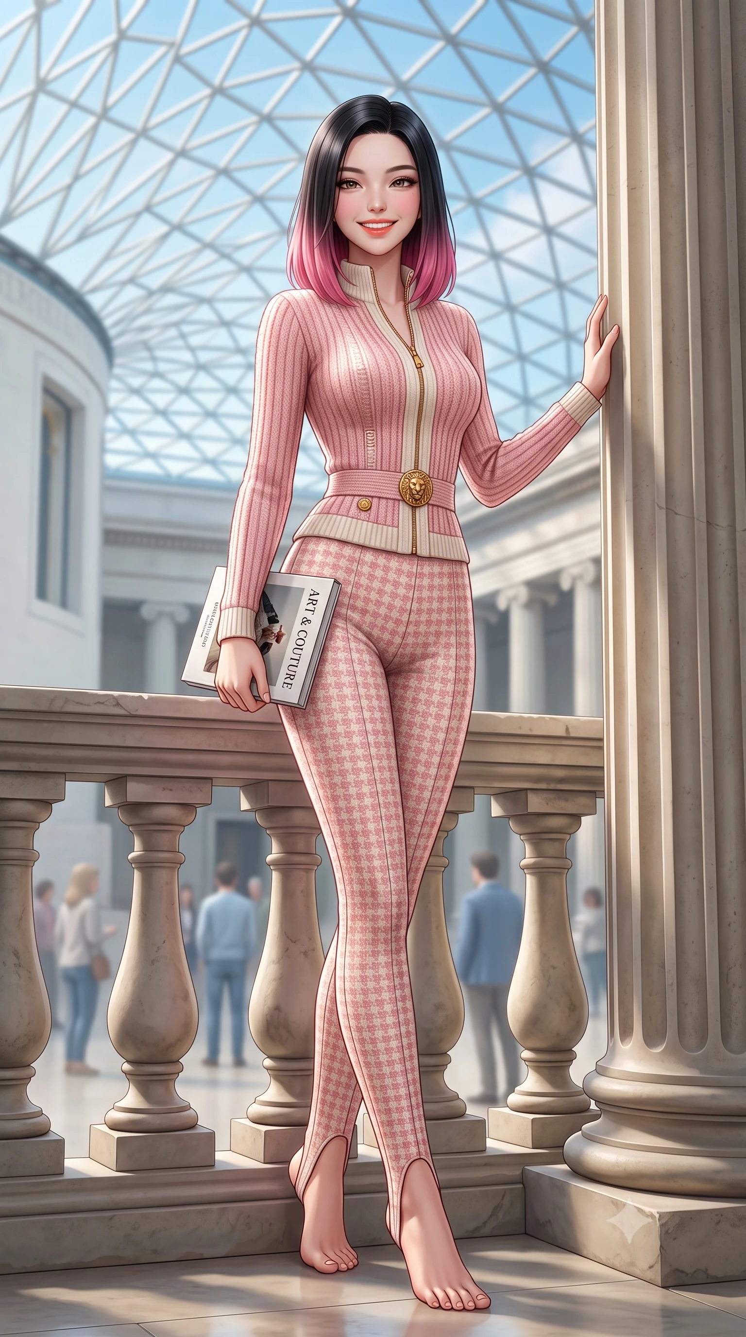 score_9, masterpiece, best quality, ultra-detailed, high-budget anime keyframe, semi-realistic 3D game render, editorial fashion photography, tasteful artistic composition, Korean woman. low angle full-body shot from head to toe showing her feet, filling the entire 9:16 vertical frame with her statuesque presence, stretching her vertical silhouette. standing poised beside the classical stone balustrade with one foot slightly forward, arching her lower back with regal supermodel grace while leaning lightly against the fluted Portland stone Corinthian column, one hand holding an exhibition catalog with refined poise. The background shows a soft-focus triangular glass roof lattice patterns against blue autumn sky, neoclassical colonnades, and museum visitors blurred into alabaster, sky blue, and dove grey bokeh. She has an exceptionally tall and slender model-like 8.5-heads proportion, an ultra-slim waist, a flat toned midriff, narrow delicate ribcage, and beautifully sculpted feminine hips creating a graceful, slim hourglass silhouette without any bulky heaviness, with impossibly long slender legs. sharp v-shaped jawline, high-bridge nose, intricate jewel-like sparkling eyes with depth, thick eyelashes, glossy parted lips with a natural peach sheen, bright cheerful beaming smile with an enchanting and coquettish sensual glint, exuding both youthful cute charm and seductive allure, flawlessly proportioned anatomical accuracy, strict slender model proportions, natural body alignment, perfectly sculpted long slender limbs, ultra-slim waistline, clean dynamic posture without body distortion. wearing a body-hugging thermal cashmere zip-front ski sweater paired with sleek high-waisted stretch stirrup trousers in Parisian pastel rose bouclé and cream pearl, tailored from form-contouring ribbed merino wool hugging her torso like a second skin, accented with an ornate 24k gold lion-embossed crest button along the snug front closure, the snug waist-cinching tailoring accentuating her ultra-slim waistline and the enchanting curve of her feminine hips with alluring seductive charm. bathed in voluminous pure white zenithal daylight filtering through the vast geometric glass skylight canopy. highly saturated vibrant anime colors, detailed shading with soft gradients, rich glossy textures, high-contrast stereoscopic depth, volumetric dynamic lighting, master piece, 9:16 ratio