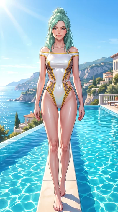 score_9, masterpiece, best quality, ultra-detailed, high-budget anime keyframe, semi-realistic 3D game render, editorial fashion photography, tasteful artistic composition, Japanese woman. low angle full-body shot from head to toe showing her feet, f