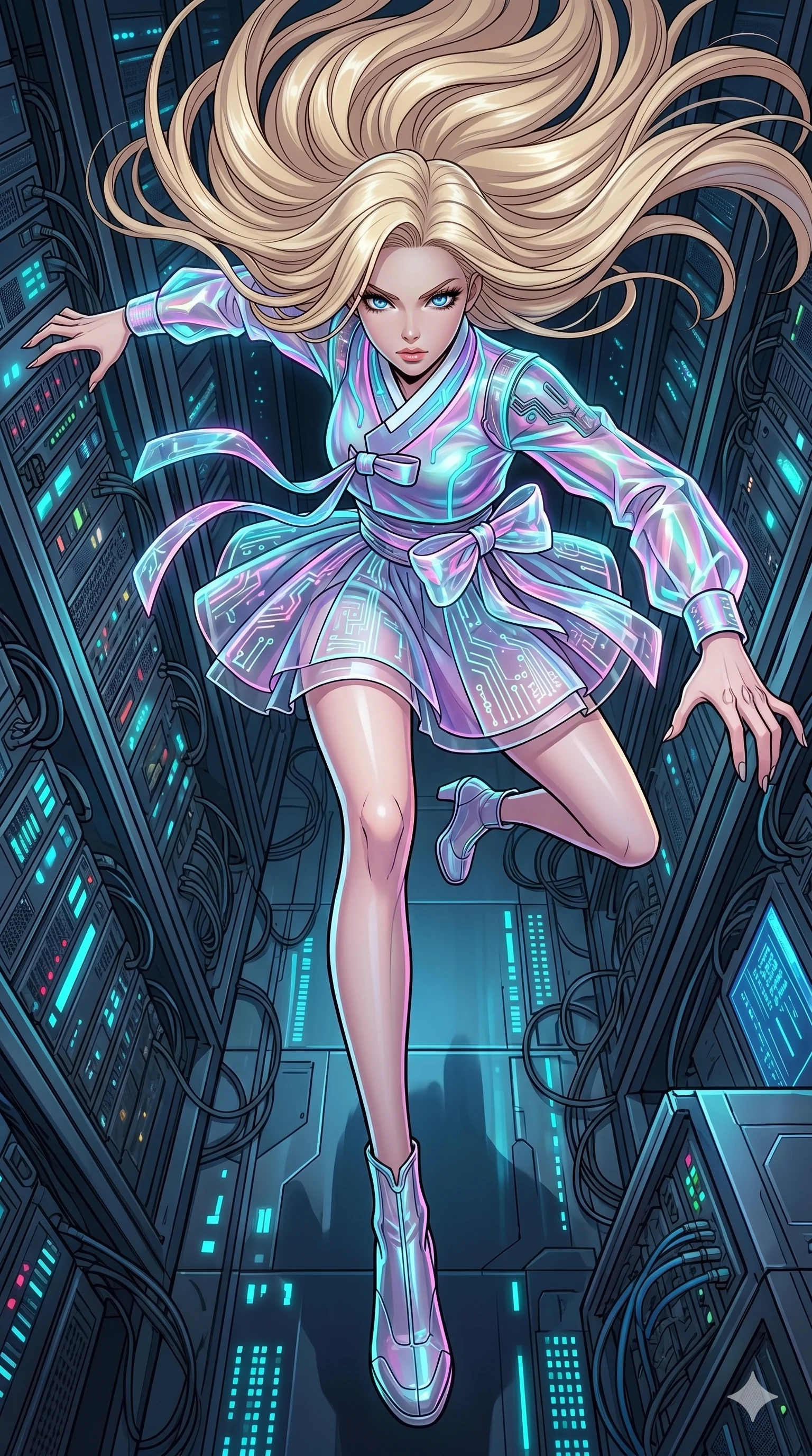 score_9, masterpiece, best quality, ultra-detailed, high-budget anime movie keyframe, cinematic anime lighting, intricate line art, Japanese woman. Extreme high angle shot as she leaps towards the camera, filling the frame. navigating a maze of server racks in a cold, dark data center. She has an absolutely perfect 8-heads proportion, an exceptionally tall and slender female figure with an ultra-slim waist and impossibly long slender legs. strictly human anatomy, two legs only, no extra limbs, clearly defined legs and arms, perfect anatomy, perfect hands and fingers. sharp v-shaped jawline, high-bridge nose, intricate jewel-like eyes, thick eyelashes, glossy lips. Wearing Modern Traditional: Shortened cyber-hanbok with fusion silk robes and transparent panels. The scene is illuminated by dramatic atmospheric lighting and vibrant color palettes. , 2k, ultra detail, master piece, 9:16 ratio