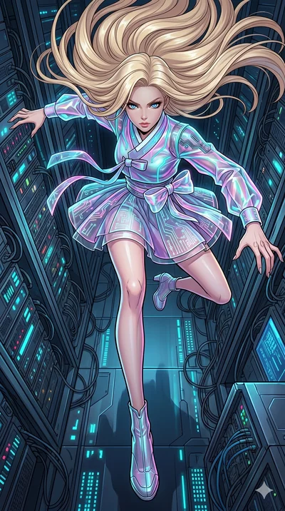 score_9, masterpiece, best quality, ultra-detailed, high-budget anime movie keyframe, cinematic anime lighting, intricate line art, Japanese woman. Extreme high angle shot as she leaps towards the camera, filling the frame. navigating a maze of serve