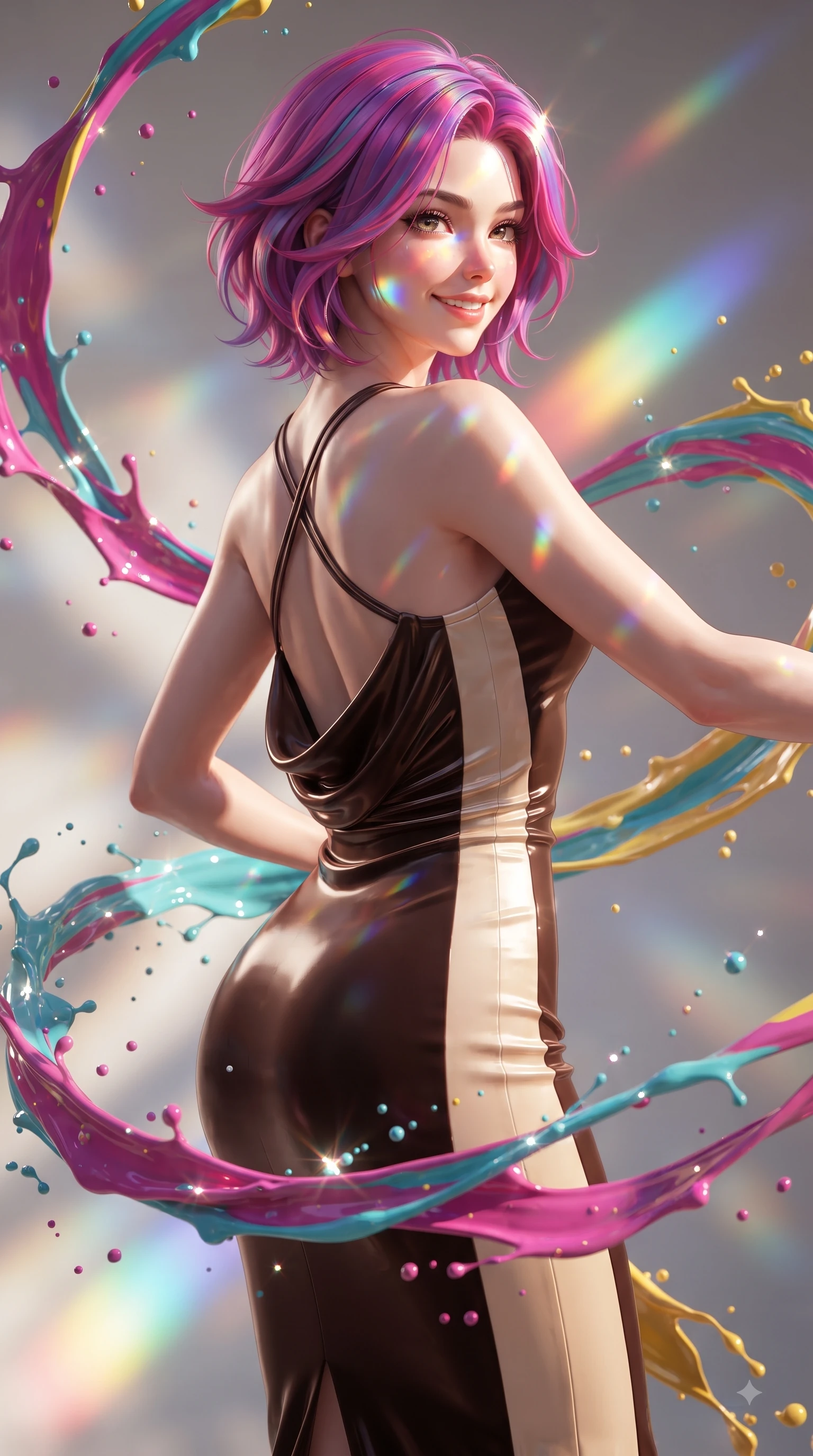 score_9, masterpiece, best quality, ultra-detailed, high-budget anime keyframe, editorial fashion photography, tasteful artistic composition, Caucasian woman. close-up cowboy shot from the waist and thighs up, the character dominates the composition, filling the frame with her large presence, background elements kept in soft focus. Warm delightful smile while casting a playful, joyful side-gaze with heavy lashes and a glowing expression while spinning joyfully amidst swirling ribbons of magenta, turquoise, and yellow liquid acrylic paint, paint droplets catching sharp specular highlights as she turns with a beaming smile. She has an exceptionally elegant, slender, and willowy female figure with an ultra-slim waist, a gracefully sculpted slender torso, and a refined silhouette. sharp v-shaped jawline, high-bridge nose, intricate jewel-like eyes with depth, thick eyelashes, glossy lips with a natural sheen, flawlessly proportioned anatomical accuracy, natural body alignment, perfectly sculpted elegant limbs, clean dynamic posture without body distortion. wearing a precision-fitted liquid jersey bodycon dress with a graceful draped back in espresso brown and warm cream, made of premium stretch velvet with a rich sheen, complemented by criss-cross back straps highlighting her bare shoulders, the tailored fabric tightly following every curve of her athletic build. illuminated by brilliant multi-color rainbow light refracting through glass prisms. ultra-reflective glossy finish, specular highlights, metallic sheen, high-contrast stereoscopic depth, volumetric dynamic lighting, 2k, ultra detail, master piece, 9:16 ratio