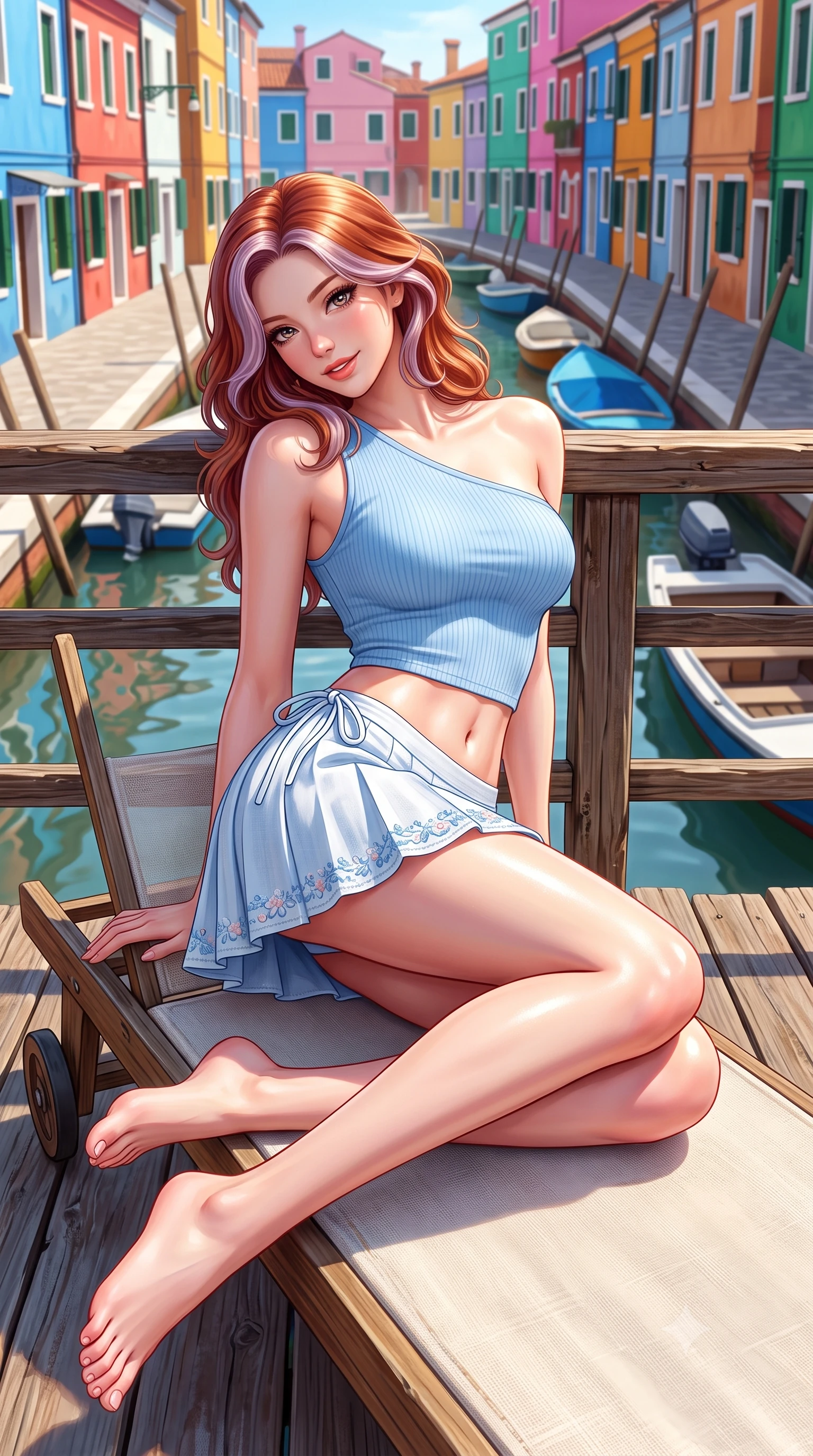 score_9, masterpiece, best quality, ultra-detailed, high-budget anime keyframe, semi-realistic 3D game render, editorial fashion photography, tasteful artistic composition, Caucasian woman. low angle full-body shot from head to toe showing her feet, filling the entire 9:16 vertical frame with her statuesque presence, stretching her vertical silhouette. reclining languidly on her side across the sunbed with one knee drawn up, her radiant smile and arched hip curve commanding the 9:16 vertical frame with youthful sensual charisma while leaning against a rustic wooden canal bridge with hips cocked back, looking over her shoulder with an alluring, playful girlhood charm. The surrounding environment is rendered in vivid detail and crisp panoramic clarity. detailed knit top texture, bright sunlight glints on skin, and Burano canal architecture in high resolution. She has an exceptionally tall and slender model-like 8.5-heads proportion, an ultra-slim waist, a flat toned midriff, narrow delicate ribcage, and beautifully sculpted feminine hips creating a graceful, slim hourglass silhouette without any bulky heaviness, with impossibly long slender legs. sharp v-shaped jawline, high-bridge nose, intricate jewel-like sparkling eyes with depth, thick eyelashes, glossy parted lips with a natural peach sheen, bright cheerful beaming smile with an enchanting and coquettish sensual glint, exuding both youthful cute charm and seductive allure, flawlessly proportioned anatomical accuracy, strict slender model proportions, natural body alignment, perfectly sculpted long slender limbs, ultra-slim waistline, clean dynamic posture without body distortion. wearing an asymmetrical one-shoulder ribbed top paired with a micro-pleated skirt with side hip ties in soft baby blue and crisp cloud white, crafted from soft breathable linen with effortless natural drape, complemented by delicate embroidered floral trim along the hem, the form-contouring cut accentuating her sculpted flat midriff, narrow delicate ribcage, and gracefully curvy hips with supermodel precision. bathed in brilliant midday Mediterranean sunlight reflecting off vibrant colorful walls. highly saturated vibrant anime colors, detailed shading with soft gradients, rich glossy textures, high-contrast stereoscopic depth, volumetric dynamic lighting, master piece, 9:16 ratio