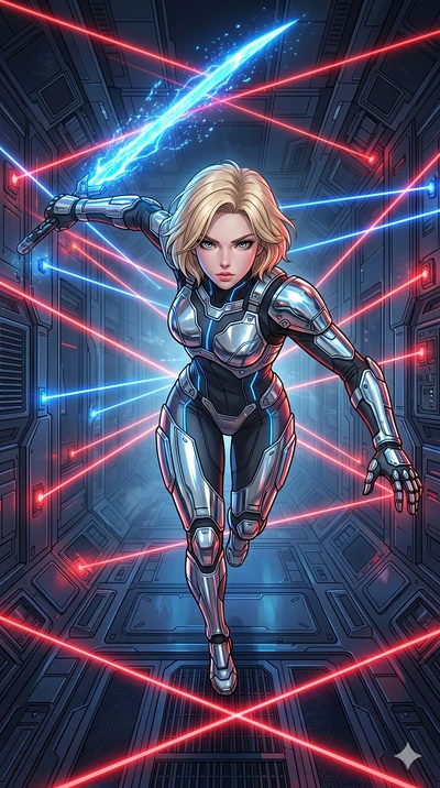 score_9, masterpiece, best quality, ultra-detailed, high-budget anime movie keyframe, cinematic anime lighting, intricate line art, Japanese woman. Extreme high angle shot as she leaps towards the camera, filling the frame. lunging forward with a shi