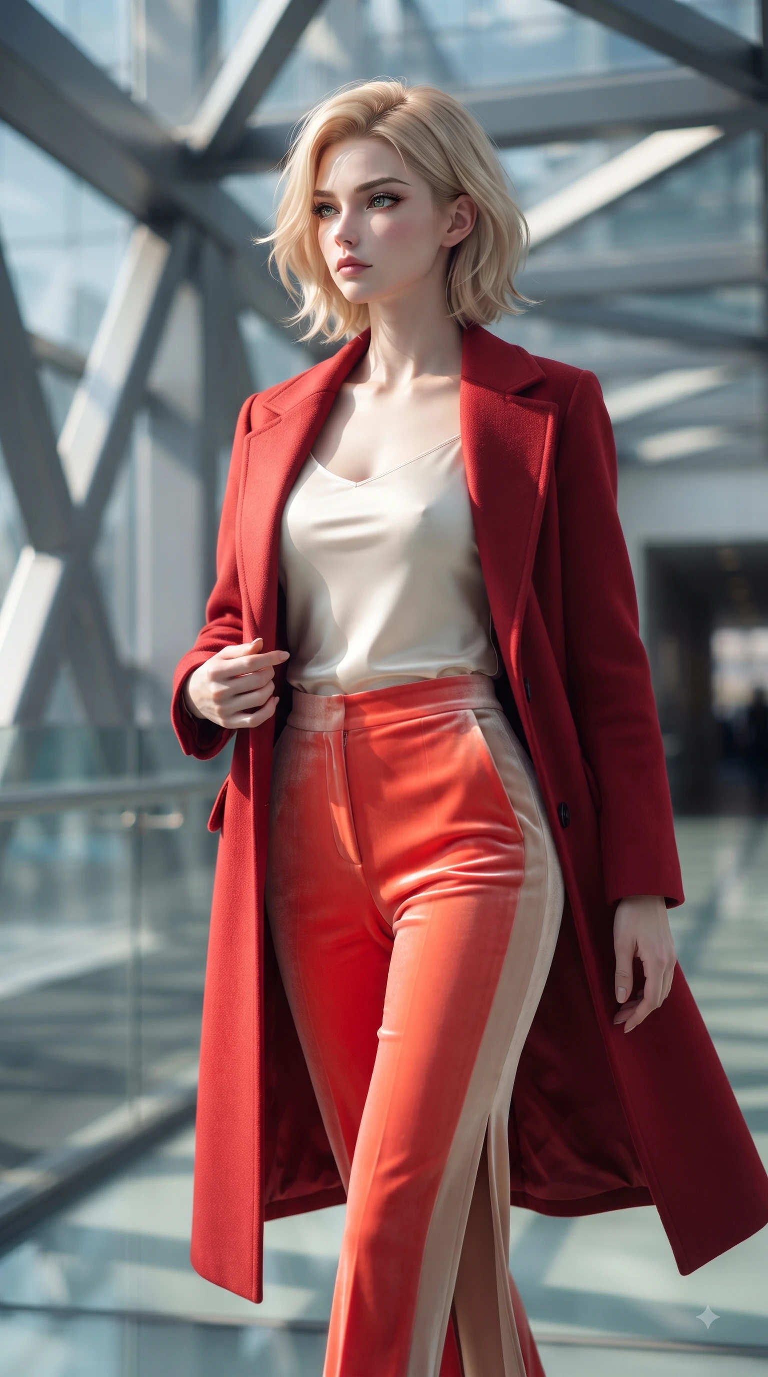 score_9, masterpiece, best quality, ultra-detailed, high-budget anime keyframe, editorial fashion photography, tasteful artistic composition, Caucasian woman. close-up cowboy shot from the waist and thighs up, the character dominates the composition, filling the frame with her large presence. Cool disdainful expression looking past the camera with effortless superiority and a stoic facial line while stepping gracefully along a glass bridge overlooking a sunlit indoor reflecting pool. The composition keeps background elements in soft focus with dreamy bokeh. geometric steel beams and glass panel reflections blurred into futuristic, ambient bokeh. She has an exceptionally elegant, slender, and willowy female figure with an ultra-slim waist, a gracefully sculpted slender torso, and a refined silhouette. sharp v-shaped jawline, high-bridge nose, intricate jewel-like eyes with depth, thick eyelashes, glossy lips with a natural sheen, flawlessly proportioned anatomical accuracy, natural body alignment, perfectly sculpted elegant limbs, clean dynamic posture without body distortion. wearing a tailored crimson red wool coat over a fitted ivory silk top and tailored trousers in vibrant coral red and soft beige, made of premium stretch velvet with a rich glossy sheen, finished with a sleek side slit ascending to mid-thigh, the form-contouring material accentuating her ultra-slim waist and long lines. surrounded by a high-end, luxury architectural fashion aesthetic. ultra-reflective glossy finish, specular highlights, metallic sheen, high-contrast stereoscopic depth, volumetric dynamic lighting, 2k, ultra detail, master piece, 9:16 ratio