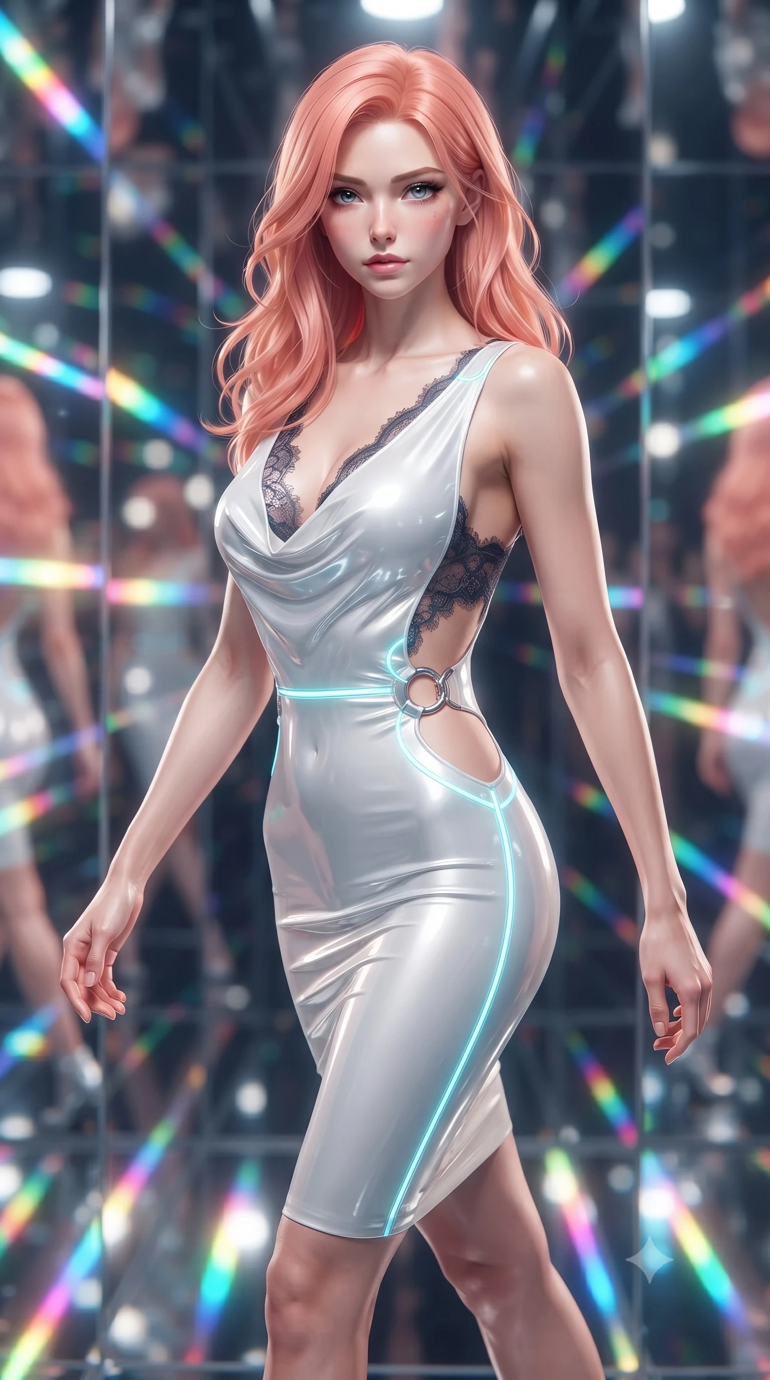 score_9, masterpiece, best quality, ultra-detailed, high-budget anime keyframe, editorial fashion photography, tasteful artistic composition, Japanese woman. close-up cowboy shot from the waist and thighs up, the character dominates the composition, filling the frame with her large presence. gazing directly into the lens with bedroom eyes and a breathtaking, dangerous allure that commands the entire composition while striding commanding through a futuristic mirror labyrinth as infinite reflections trace her statuesque contour. The composition keeps background elements in soft focus with creamy bokeh. infinite chrome mirror reflections and multi-colored laser beams blurred into dazzling prismatic bokeh. She has an exceptionally elegant, slender, and willowy female figure with an ultra-slim waist, a gracefully sculpted slender torso, and a refined silhouette. sharp v-shaped jawline, high-bridge nose, intricate jewel-like eyes with depth, thick eyelashes, glossy lips with a natural sheen, flawlessly proportioned anatomical accuracy, natural body alignment, perfectly sculpted elegant limbs, clean dynamic posture without body distortion. wearing a precision-fitted liquid jersey bodycon dress with a dramatic draped cowl back that swoops down to her waist in pure snow white latex and glowing cyan circuit seams, crafted from delicate dark lace interwoven with luminescent micro-fibers, detailed with polished silver rings connecting the daring side-waist cutouts, the sleek aerodynamic cut emphasizing her magnetic presence and alluring physical grace. surrounded by a hyper-luxurious, futuristic, and fiercely glamorous fashion editorial aura. ultra-reflective glossy finish, specular highlights, metallic sheen, high-contrast stereoscopic depth, volumetric dynamic lighting, 2k, ultra detail, master piece, 9:16 ratio