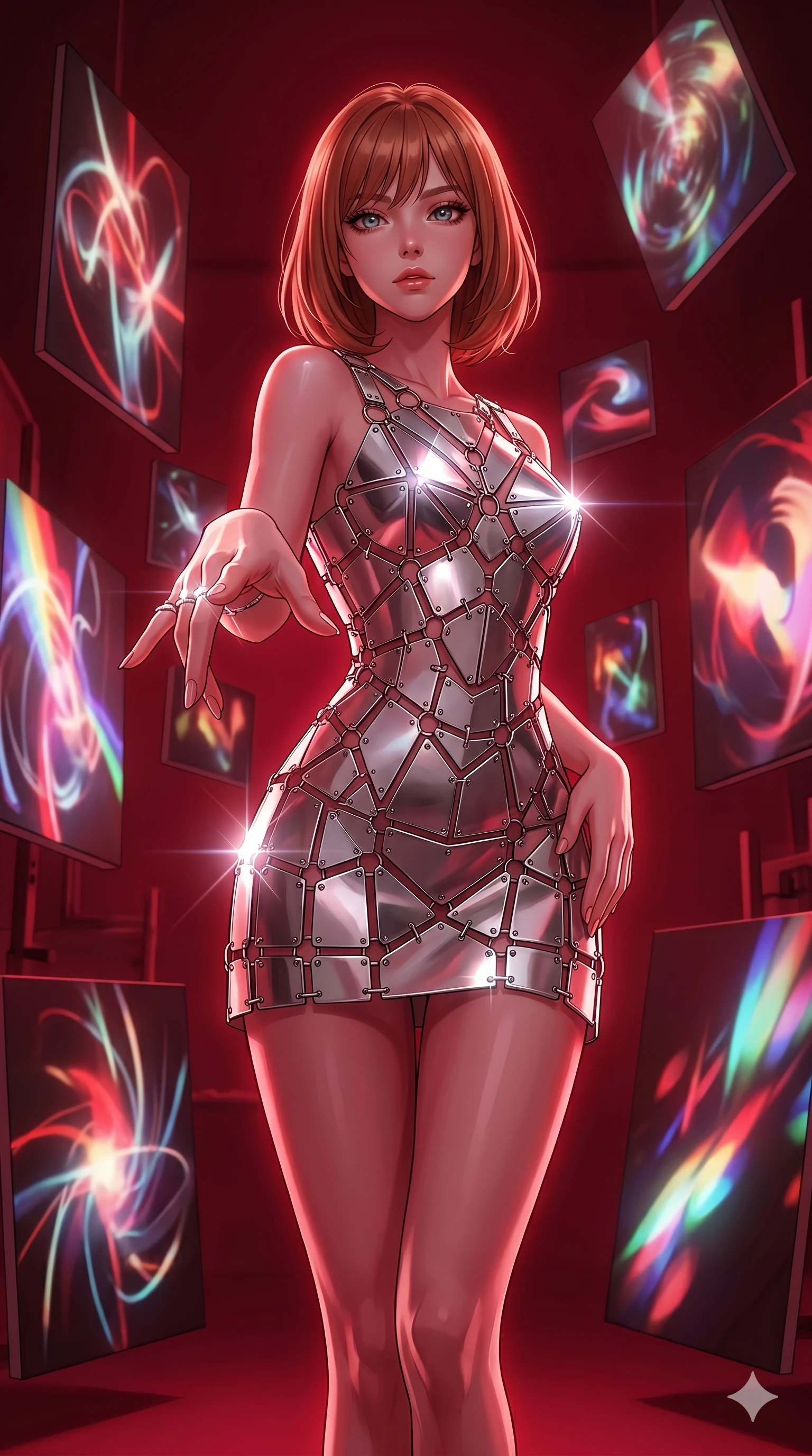 score_9, masterpiece, best quality, ultra-detailed, high-budget anime keyframe, editorial fashion photography, tasteful artistic composition, Caucasian woman, strictly human ears. cowboy shot from the thighs up, character and outfit filling the frame for maximum editorial presence. Reaching one hand toward the viewer with relaxed elegance inside an artist's studio filled with floating canvases showing moving abstract light painting. She has an absolutely perfect 8-heads proportion, an exceptionally tall and slender female figure with impossibly long slender legs and an ultra-slim waist. V-shaped jawline, high-bridge nose, intricate jewel-like eyes with depth, thick eyelashes, glossy lips with a natural sheen. wearing a mini dress made of interconnected silver-chrome plates and small metal rings, forming a structured geometric silhouette. drenched in deep crimson theatrical lighting with sharp specular highlights on every curve. 2k, ultra detail, master piece, 9:16 ratio