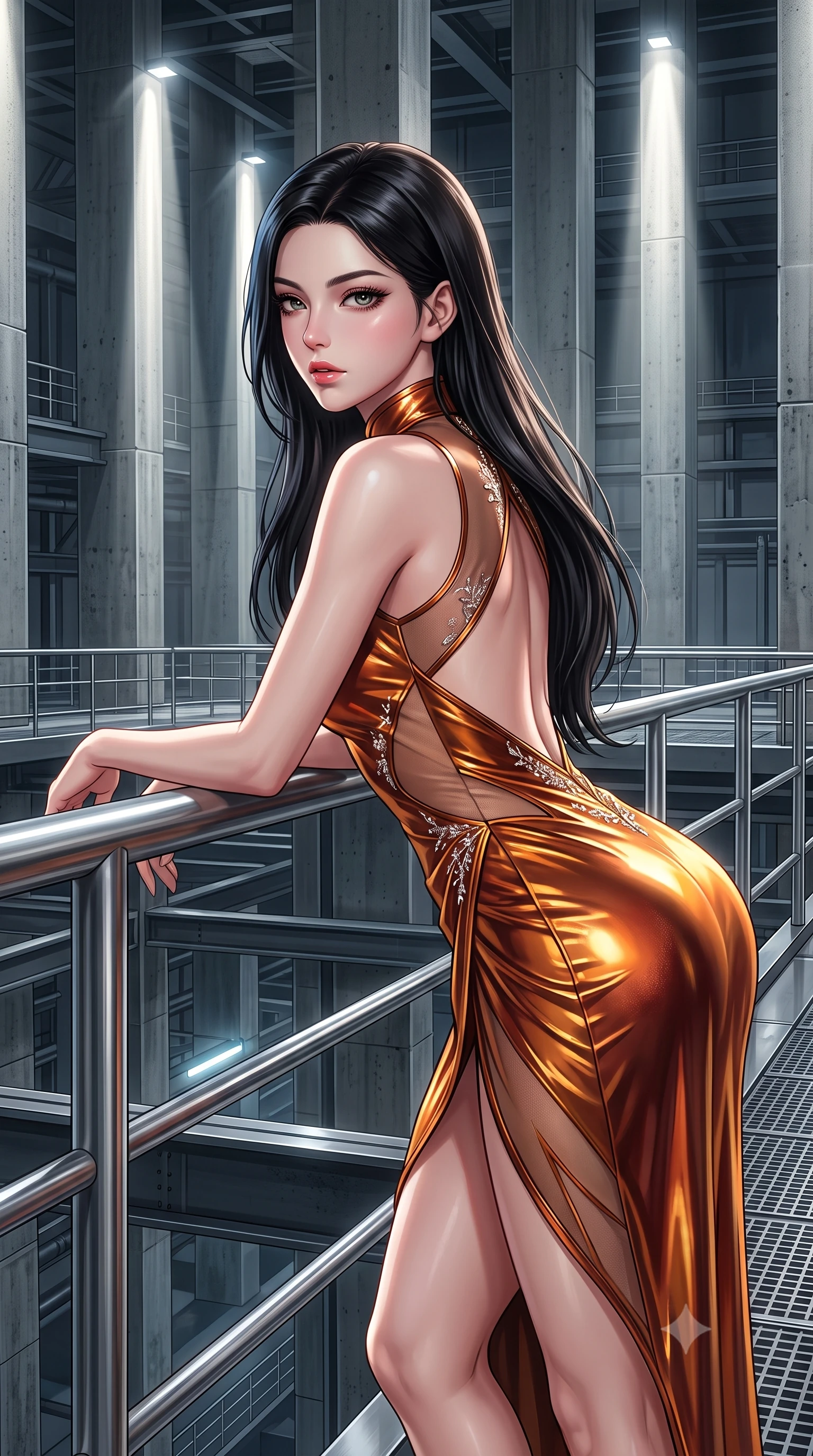 score_9, masterpiece, best quality, ultra-detailed, high-budget anime keyframe, semi-realistic 3D game render, editorial fashion photography, tasteful artistic composition, Korean woman. close-up cowboy shot from the waist and thighs up, the character dominates the composition, filling the frame with her large presence. leaning forward against the polished railing with her hips cocked back, creating an intoxicating curve from her narrow waist to sculpted hips as she gazes back into the lens while reclining on a raised steel inspection platform propped on one elbow, her slender waist and feminine curves sculpted by architectural spotlights. The surrounding environment is rendered in vivid detail and crisp panoramic clarity. detailed liquid-tight garment sheen, specular skin highlights, and massive concrete column grid clarity in high resolution. She has an exceptionally elegant, slender, and willowy female figure with an ultra-slim waist, flat toned midriff, narrow ribcage, and sculpted feminine hips creating an alluring, slim hourglass silhouette without bulk. sharp v-shaped jawline, high-bridge nose, intricate jewel-like eyes with depth, thick eyelashes, glossy parted lips with a natural sheen, intensely captivating and seductive bedroom-eyes expression, flawlessly proportioned anatomical accuracy, strict slender model proportions, natural body alignment, perfectly sculpted long slender limbs, ultra-slim waistline, clean dynamic posture without body distortion. wearing a wet-look silk fusion wrap dress with asymmetrical sheer mesh cutouts and high Mandarin collar in rich copper bronze and warm amber, crafted from luxurious metallic lamé that shifts radiance with every step, finished with delicate crystal frost embroidery tracing the plunging neckline, the precision-cut side openings and low-back scoop framing her graceful spine and the sensual sweep of her slim, toned hips. bathed in dramatic architectural floodlights beaming down between giant pillars creating high-contrast chiaroscuro. highly saturated vibrant anime colors, detailed shading with soft gradients, rich glossy textures, high-contrast stereoscopic depth, volumetric dynamic lighting, master piece, 9:16 ratio