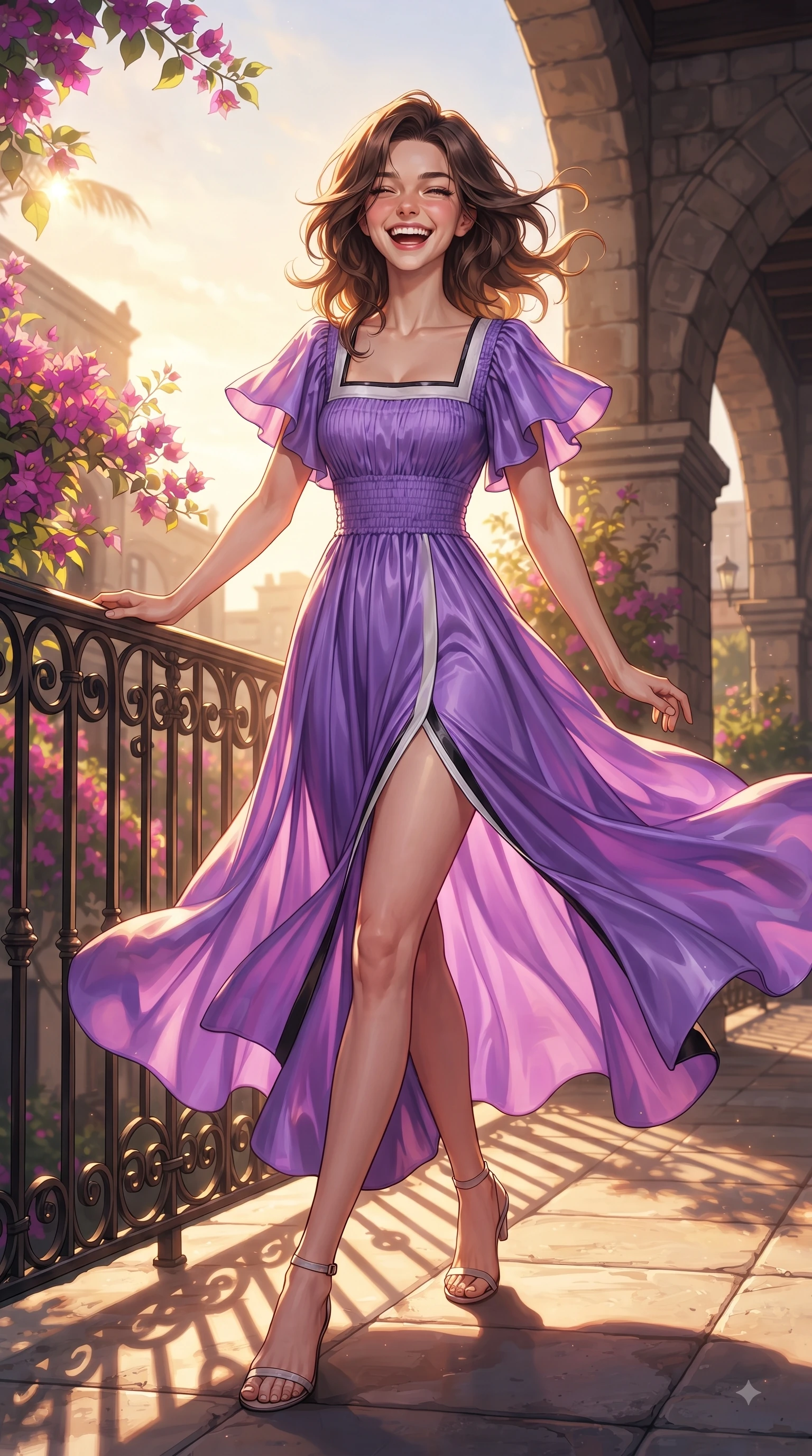 score_9, masterpiece, best quality, ultra-detailed, high-budget anime keyframe, editorial fashion photography, tasteful artistic composition, Korean woman. low angle full-body shot from head to toe showing her feet, filling the entire 9:16 vertical frame with her statuesque presence, stretching her vertical silhouette. Ecstatic joyful laughter with eyes crinkling in pure delight and vibrant energy filling her dynamic posture while pivoting dynamically near a sunlit wrought-iron balcony as a warm afternoon breeze billows her outfit. The surrounding environment is rendered in vivid detail and crisp panoramic clarity. vibrant bougainvillea blossoms, historic archways, and detailed architectural shadows in panoramic clarity. She has an absolutely perfect, statuesque 8.5-heads proportion, an exceptionally tall and slender model-like female figure with impossibly long slender legs and an ultra-slim waist. sharp v-shaped jawline, high-bridge nose, intricate jewel-like eyes with depth, thick eyelashes, glossy lips with a natural sheen, flawlessly proportioned anatomical accuracy, natural body alignment, perfectly sculpted elegant limbs, clean dynamic posture without body distortion. wearing a vivid violet chiffon gown with delicate smocked details and flutter sleeves in monochrome white and glossy black contrast, crafted from smooth liquid silk satin, featuring elegant flutter sleeves and a graceful square neckline, the form-contouring material accentuating her ultra-slim waist and long lines. bathed in dramatic golden hour sunbursts casting long cinematic shadows. ultra-reflective glossy finish, specular highlights, metallic sheen, high-contrast stereoscopic depth, volumetric dynamic lighting, 2k, ultra detail, master piece, 9:16 ratio