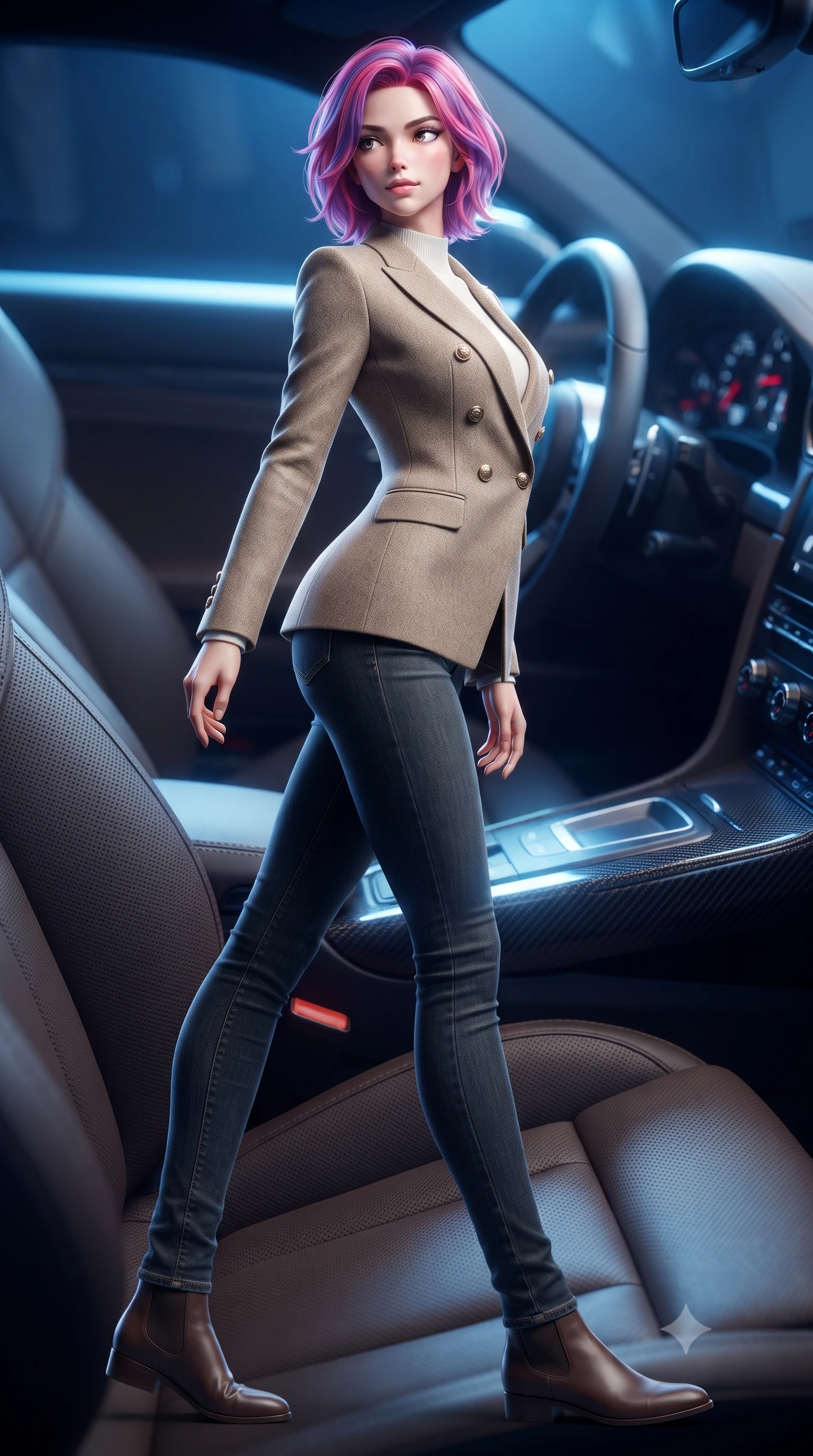 score_9, masterpiece, best quality, ultra-detailed, high-budget anime keyframe, editorial fashion photography, tasteful artistic composition, Caucasian woman. low angle full-body shot from head to toe showing her feet, filling the entire 9:16 vertical frame with her statuesque presence, stretching her vertical silhouette. stepping gracefully while looking back over her shoulder, her dress draped tightly to reveal her silhouette the background shows a soft-focus the leather seat interior of a luxury sports car parked inside a modern showroom. She has an absolutely perfect, statuesque 8.5-heads proportion, an exceptionally tall and slender model-like female figure with impossibly long slender legs and an ultra-slim waist. sharp v-shaped jawline, high-bridge nose, intricate jewel-like eyes with depth, thick eyelashes, glossy lips with a natural sheen. wearing a body-hugging tailored double-breasted blazer in sand wool, worn over a white mock-neck tee and denim jeans. dramatic blue dashboard lights highlighting the contours of her athletic build. ultra-reflective glossy finish, specular highlights, metallic sheen, high-contrast stereoscopic depth, volumetric dynamic lighting, 2k, ultra detail, master piece, 9:16 ratio
