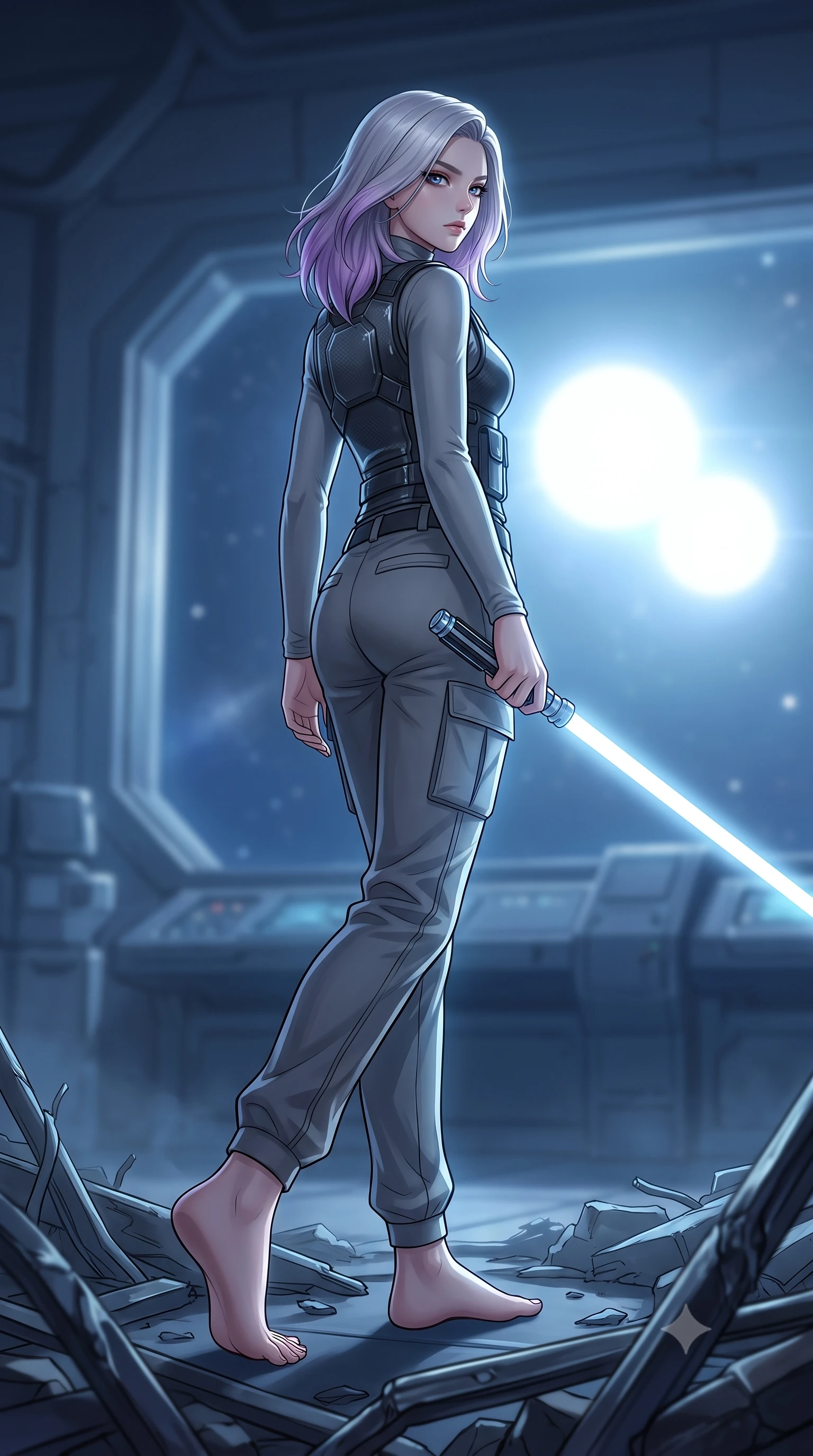score_9, masterpiece, best quality, ultra-detailed, high-budget anime keyframe, editorial fashion photography, tasteful artistic composition, Caucasian woman. low angle full-body shot from head to toe showing her feet, filling the entire 9:16 vertical frame with her statuesque presence, stretching her vertical silhouette. stepping gracefully through battlefield debris with a glowing saber hilt in hand, looking back over her shoulder, the background shows a soft-focus a telescope deck on a space station facing a bright binary star system. She has an absolutely perfect, statuesque 8.5-heads proportion, an exceptionally tall and slender model-like female figure with impossibly long slender legs and an ultra-slim waist. sharp v-shaped jawline, high-bridge nose, intricate jewel-like eyes with depth, thick eyelashes, glossy lips with a natural sheen. wearing a slim-fit rugged carbon-alloy utility vest over a long-sleeve high-neck grey compression shirt and matching cargo slacks. cool blue moonlight wrapping her statuesque posture in a quiet, solemn mood. highly saturated vibrant anime colors, detailed shading with soft gradients, rich glossy textures, high-contrast stereoscopic depth, volumetric dynamic lighting, master piece, 9:16 ratio