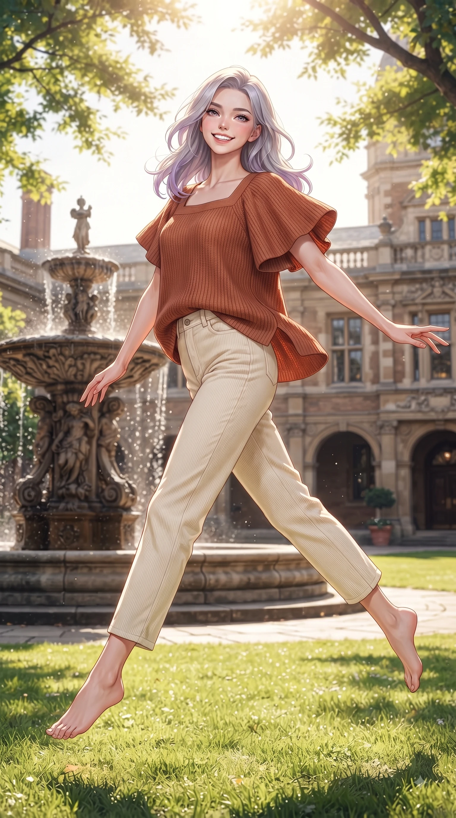 score_9, masterpiece, best quality, ultra-detailed, high-budget anime keyframe, editorial fashion photography, tasteful artistic composition, Caucasian woman. low angle full-body shot from head to toe showing her feet, filling the entire 9:16 vertical frame with her statuesque presence, stretching her vertical silhouette. leaping with pure youthful energy through the scene with a radiant bright smile, her long slender legs balanced gracefully while reaching out cheerfully with a bright smile near a grand stone fountain on the college quad. The surrounding environment is rendered in vivid detail and crisp panoramic clarity. intricate fountain carvings, sunlit quad lawn textures, and historical university facade in deep focus. She has an absolutely perfect, statuesque 8.5-heads proportion, an exceptionally tall and slender model-like female figure with impossibly long slender legs and an ultra-slim waist. sharp v-shaped jawline, high-bridge nose, intricate jewel-like eyes with depth, thick eyelashes, glossy lips with a natural sheen, flawlessly proportioned anatomical accuracy, natural body alignment, perfectly sculpted elegant limbs, clean dynamic posture without body distortion. wearing an oversized terracotta knit jumper over soft cream corduroy pants in ocean turquoise and sea-salt white, tailored from crisp cotton poplin, featuring elegant flutter sleeves and a graceful square neckline, the soft airy drape swaying gracefully with her dynamic movements. bathed in brilliant sunny morning light filtering through tree canopies. ultra-reflective glossy finish, specular highlights, metallic sheen, high-contrast stereoscopic depth, volumetric dynamic lighting, 2k, ultra detail, master piece, 9:16 ratio