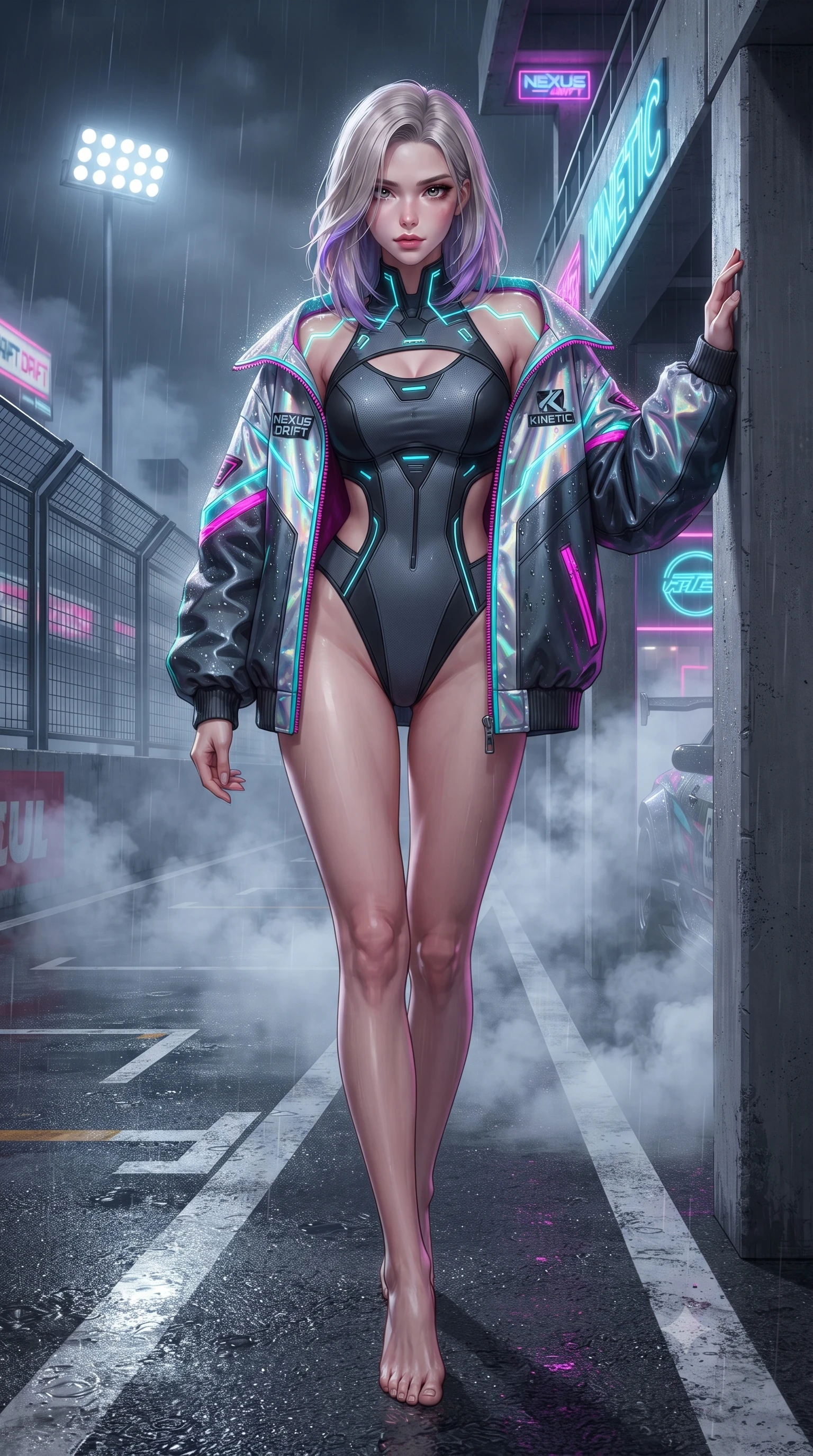 score_9, masterpiece, best quality, ultra-detailed, high-budget anime keyframe, editorial fashion photography, tasteful artistic composition, Caucasian woman. low angle full-body shot from head to toe showing her feet, filling the entire 9:16 vertical frame with her statuesque presence, stretching her vertical silhouette. leaning deep against the structural architecture with hips cocked in an unapologetically bold, seductive high-fashion stance while stepping forward with proud runway strides amidst rising tire smoke, her statuesque vertical presence commanding the frame. The surrounding environment is rendered in vivid detail and crisp panoramic clarity. crisp starting grid painted lines, rain droplet beads on leather jacket, and circuit fencing in deep focus. She has an absolutely perfect, statuesque 8.5-heads proportion, an exceptionally tall and slender model-like female figure with impossibly long slender legs, a toned flat midriff, and an ultra-slim waist. sharp v-shaped jawline, high-bridge nose, intricate jewel-like eyes with depth, thick eyelashes, glossy parted lips with a natural sheen, intensely captivating and seductive expression, flawlessly proportioned anatomical accuracy, strict slender model proportions, natural body alignment, perfectly sculpted long slender limbs, ultra-slim waistline, clean dynamic posture without body distortion. wearing a cutout cyber-racing leotard layered with an oversized neon-accented paddock bomber jacket in holographic silver prism and deep graphite, tailored from abrasion-resistant Kevlar weave with glossy protective panels, finished with glowing cyan circuit lines tracing her collarbones and shoulders, the liquid-tight tailored fabric emphasizing every curve of her tall, slender model proportions and sculptured silhouette. surrounded by an adrenaline-fueled, audacious, and wildly charismatic drift idol aura. ultra-reflective glossy finish, specular highlights, rich textural contrasts, high-contrast stereoscopic depth, volumetric dynamic lighting, 2k, ultra detail, master piece, 9:16 ratio
