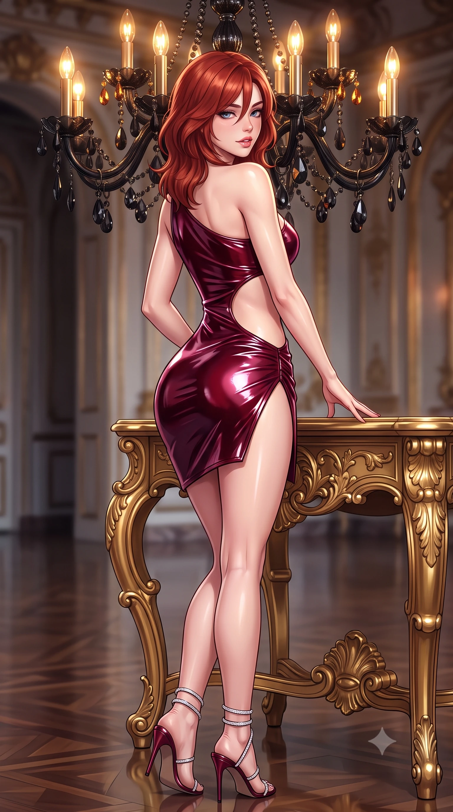 score_9, masterpiece, best quality, ultra-detailed, high-budget anime keyframe, semi-realistic 3D game render, editorial fashion photography, tasteful artistic composition, Korean woman. close-up cowboy shot from the waist and thighs up, the character dominates the composition, filling the frame with her large presence. posing in an alluring rear three-quarter angle, looking over a bare shoulder with parted glossy lips, her hips cocked back to highlight her slim hourglass curve while leaning against a gilded baroque console table with hips cocked back, looking over a bare shoulder with an alluring, parted-lip smile. The background shows a soft-focus polished ballroom floor reflections softened in opulent gothic shallow focus. She has an exceptionally elegant, slender, and willowy female figure with an ultra-slim waist, flat toned midriff, narrow ribcage, and sculpted feminine hips creating an alluring, slim hourglass silhouette without bulk. sharp v-shaped jawline, high-bridge nose, sparkling eyes with hypnotic seductive depth, thick curled eyelashes, glossy parted lips with a natural dewy peach sheen, alluring bedroom-eyes with an enchanting coquettish smile, exuding magnetic siren charisma and sophisticated glamour, flawlessly proportioned anatomical accuracy, strict slender model proportions, natural body alignment, perfectly sculpted long slender limbs, ultra-slim waistline, clean dynamic posture without body distortion. wearing an asymmetric one-shoulder metallic bordeaux mini dress with a dramatic side cutout hugging her waist and hips in dual-tone high-contrast avant-garde monochrome, crafted from wet-look high-gloss vinyl fabric with dazzling specular surface reflections, complemented by strappy stiletto sandals with crystal ankle wraps accentuating her slender calves, the high-slit wrap tailoring accentuating her ultra-slim waistline and the enchanting curve of her feminine hips with alluring seductive charm. bathed in the glittering amber-and-gold brilliance of black-crystal chandelier candle bulbs. highly saturated vibrant anime colors, detailed shading with soft gradients, rich glossy textures, high-contrast stereoscopic depth, volumetric dynamic lighting, master piece, 9:16 ratio