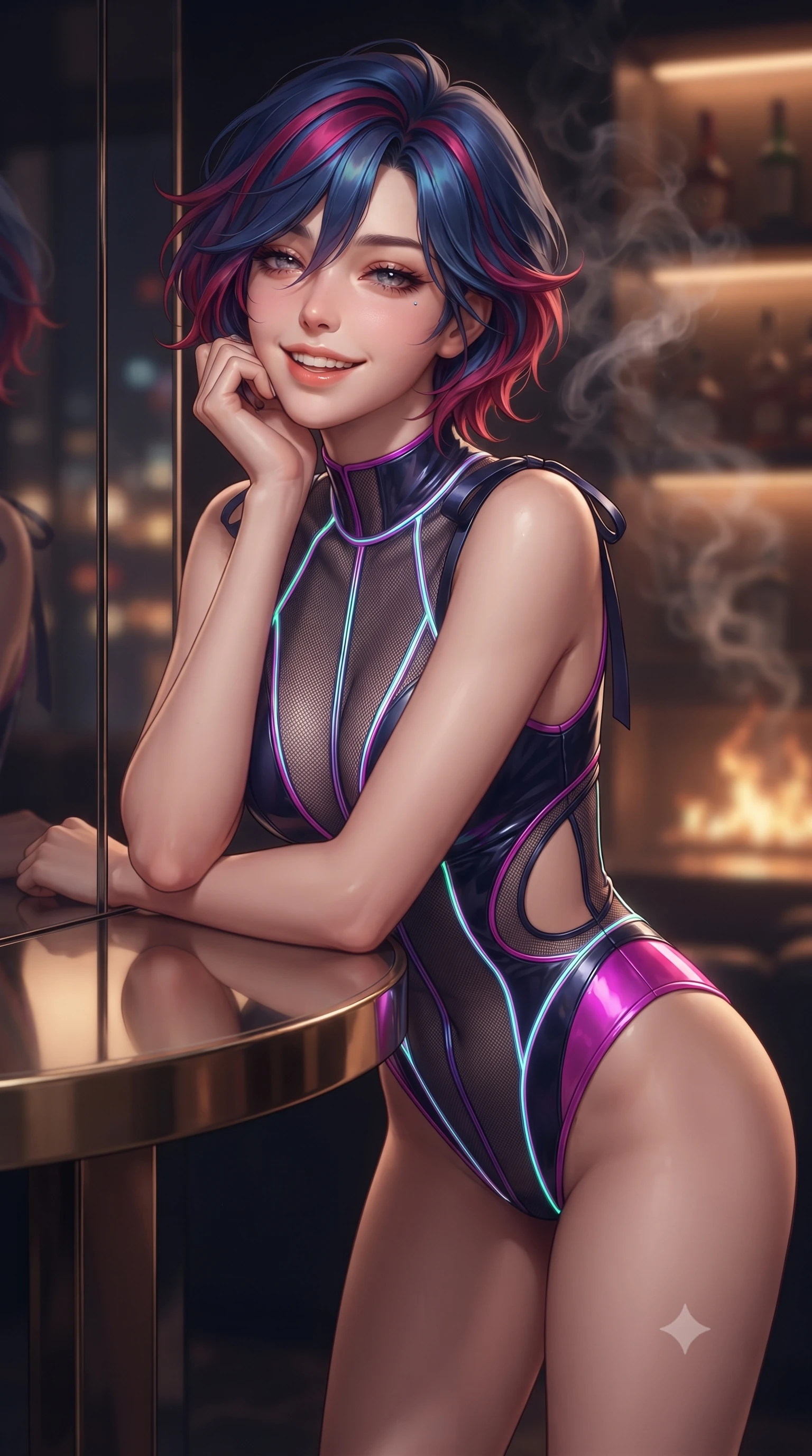 score_9, masterpiece, best quality, ultra-detailed, high-budget anime keyframe, editorial fashion photography, tasteful artistic composition, Korean woman. close-up cowboy shot from the waist and thighs up, the character dominates the composition, filling the frame with her large presence. resting one elbow on the table and supporting her chin, leaning close to the camera with heavy-lidded sparkling eyes and parted lips while standing poised beside the floor-to-ceiling smoked mirror wall, arching her back with sultry high-fashion confidence as river lights shimmer. The background shows a soft-focus drifting ribbons of aromatic cedar smoke softened in ultra-exclusive gentlemen's club nocturne shallow focus. She has an exceptionally elegant, slender, and willowy female figure with an ultra-slim waist, flat toned midriff, narrow ribcage, and sculpted feminine hips creating an alluring, slim hourglass silhouette without bulk. sharp v-shaped jawline, high-bridge nose, intricate jewel-like sparkling eyes with depth, thick eyelashes, glossy parted lips with a natural peach sheen, bright cheerful beaming smile with an enchanting and coquettish sensual glint, exuding both youthful cute charm and seductive allure, flawlessly proportioned anatomical accuracy, strict slender model proportions, natural body alignment, perfectly sculpted long slender limbs, ultra-slim waistline, clean dynamic posture without body distortion. wearing a provocative cyber-mesh sheer bodysuit with luminescent holographic fiber piping contouring her hourglass frame in Huangpu midnight sapphire and neon magenta, woven from buttery-soft stretch lambskin leather adhering to her body like a second skin, finished with satin ribbon ties at the shoulders fluttering in the gentle breeze, the precision-cut side openings and low-back scoop framing her graceful spine and the sensual sweep of her slim, toned hips. bathed in low-key chiaroscuro hearth firelight and warm 2100K concealed shelf illumination. ultra-reflective glossy finish, specular highlights, rich textural contrasts, high-contrast stereoscopic depth, volumetric dynamic lighting, 2k, ultra detail, master piece, 9:16 ratio