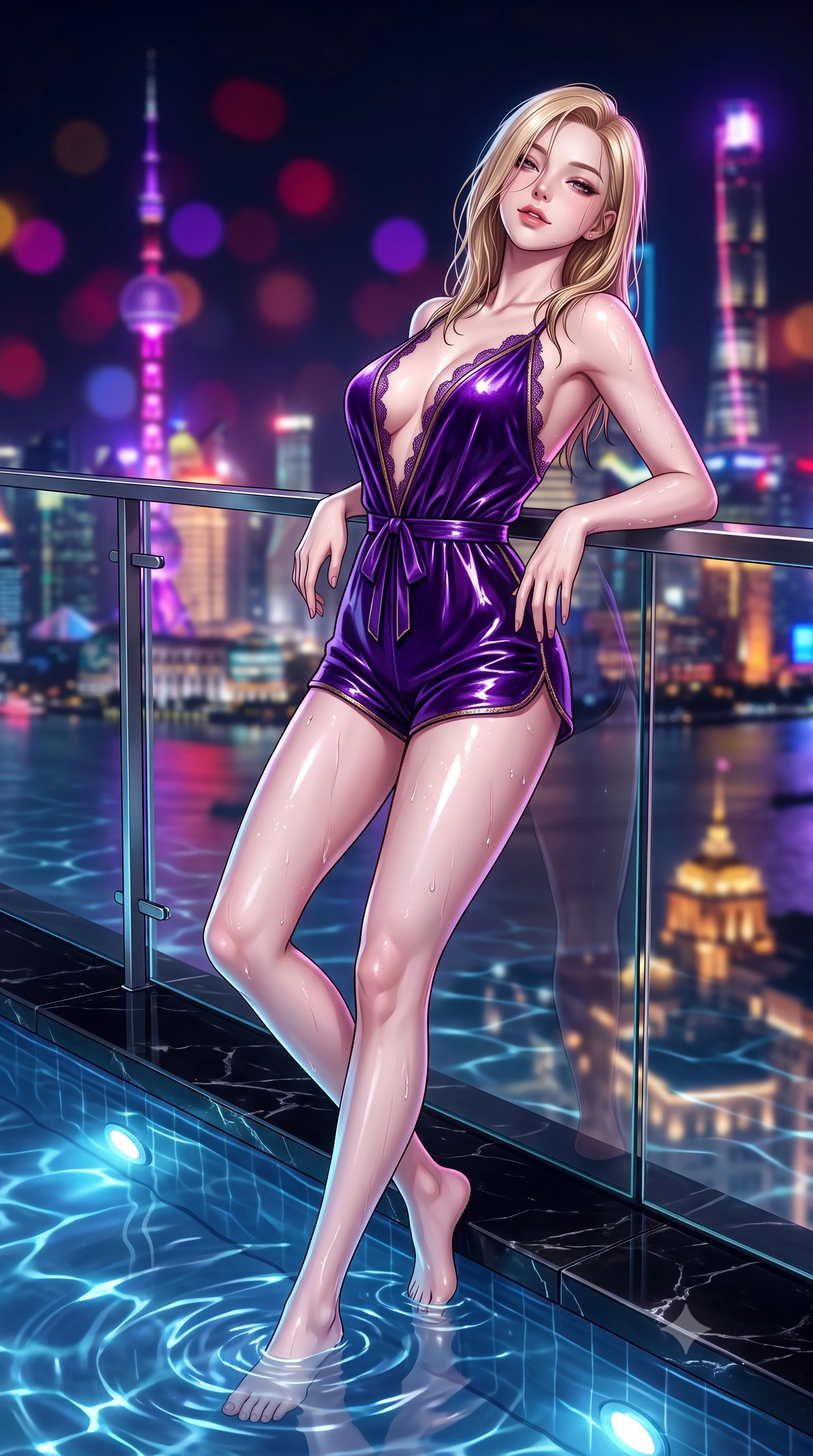 score_9, masterpiece, best quality, ultra-detailed, high-budget anime keyframe, semi-realistic 3D game render, editorial fashion photography, tasteful artistic composition, Korean woman. close-up cowboy shot from the waist and thighs up, the character dominates the composition, filling the frame with her large presence. leaning back against the balustrade with relaxed seductive grace, head tilted back slightly while casting a hypnotic, heavy-lidded gaze while sitting on the submerged black marble ledge of the 60th-floor rooftop pool, arching her spine with wet-look siren grace as metropolis lights ripple across the water. The background shows a soft-focus neon Pudong skyscrapers reflecting upside-down in calm pool water, rain-slicked Bund colonial buildings, and dark night sky blurred into ruby, electric violet, and gold bokeh. She has an exceptionally elegant, slender, and willowy female figure with an ultra-slim waist, flat toned midriff, narrow ribcage, and sculpted feminine hips creating an alluring, slim hourglass silhouette without bulk. sharp v-shaped jawline, high-bridge nose, sparkling eyes with hypnotic seductive depth, thick curled eyelashes, glossy parted lips with a natural dewy peach sheen, alluring bedroom-eyes with an enchanting coquettish smile, exuding magnetic siren charisma and sophisticated glamour, flawlessly proportioned anatomical accuracy, strict slender model proportions, natural body alignment, perfectly sculpted long slender limbs, ultra-slim waistline, clean dynamic posture without body distortion. wearing a plunge-neck stretch velvet romper with scalloped eyelash-lace hems and a cinched waist ribbon in royal amethyst purple and gilded bronze, crafted from wet-look high-gloss vinyl fabric with dazzling specular surface reflections, finished with scalloped eyelash lace trim framing her sweetheart neckline with intimate elegance, the liquid-tight tailored fabric clinging flawlessly to her narrow waist and rounded feminine hips, emphasizing every millimeter of her sculpted slim hourglass curves without any bulky heaviness. illuminated by water ripple caustics and sharp platinum-magenta rim lights defining her delicate clavicles, ultra-slim waist, and curvy hips. highly saturated vibrant anime colors, detailed shading with soft gradients, rich glossy textures, high-contrast stereoscopic depth, volumetric dynamic lighting, master piece, 9:16 ratio
