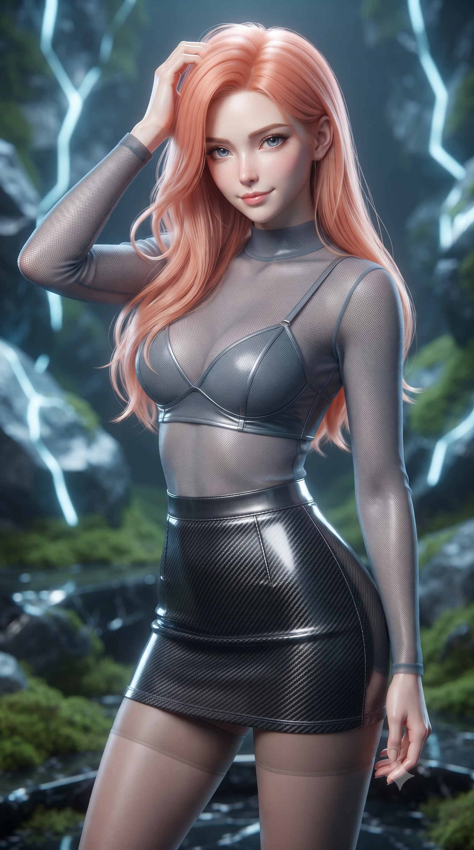score_9, masterpiece, best quality, ultra-detailed, high-budget anime keyframe, editorial fashion photography, tasteful artistic composition, Japanese woman. close-up cowboy shot from the waist and thighs up, the character dominates the composition, filling the frame with her large presence, background elements kept in soft focus. slowly running a hand through her hair, smiling with quiet, magnetic self-assurance directly into the camera, the background shows a soft-focus a moss grotto platform made of polished obsidian wood and digital rock lines. She has an exceptionally elegant, slender, and willowy female figure with an ultra-slim waist, a gracefully sculpted slender torso, and a refined silhouette. sharp v-shaped jawline, high-bridge nose, intricate jewel-like eyes with depth, thick eyelashes, glossy lips with a natural sheen. wearing a form-contouring semi-transparent mesh top in slate grey, paired with a carbon-fiber mini skirt and sheer stockings. soft blue light radiating from digital rocks onto her refined profile. ultra-reflective glossy finish, specular highlights, metallic sheen, high-contrast stereoscopic depth, volumetric dynamic lighting, 2k, ultra detail, master piece, 9:16 ratio