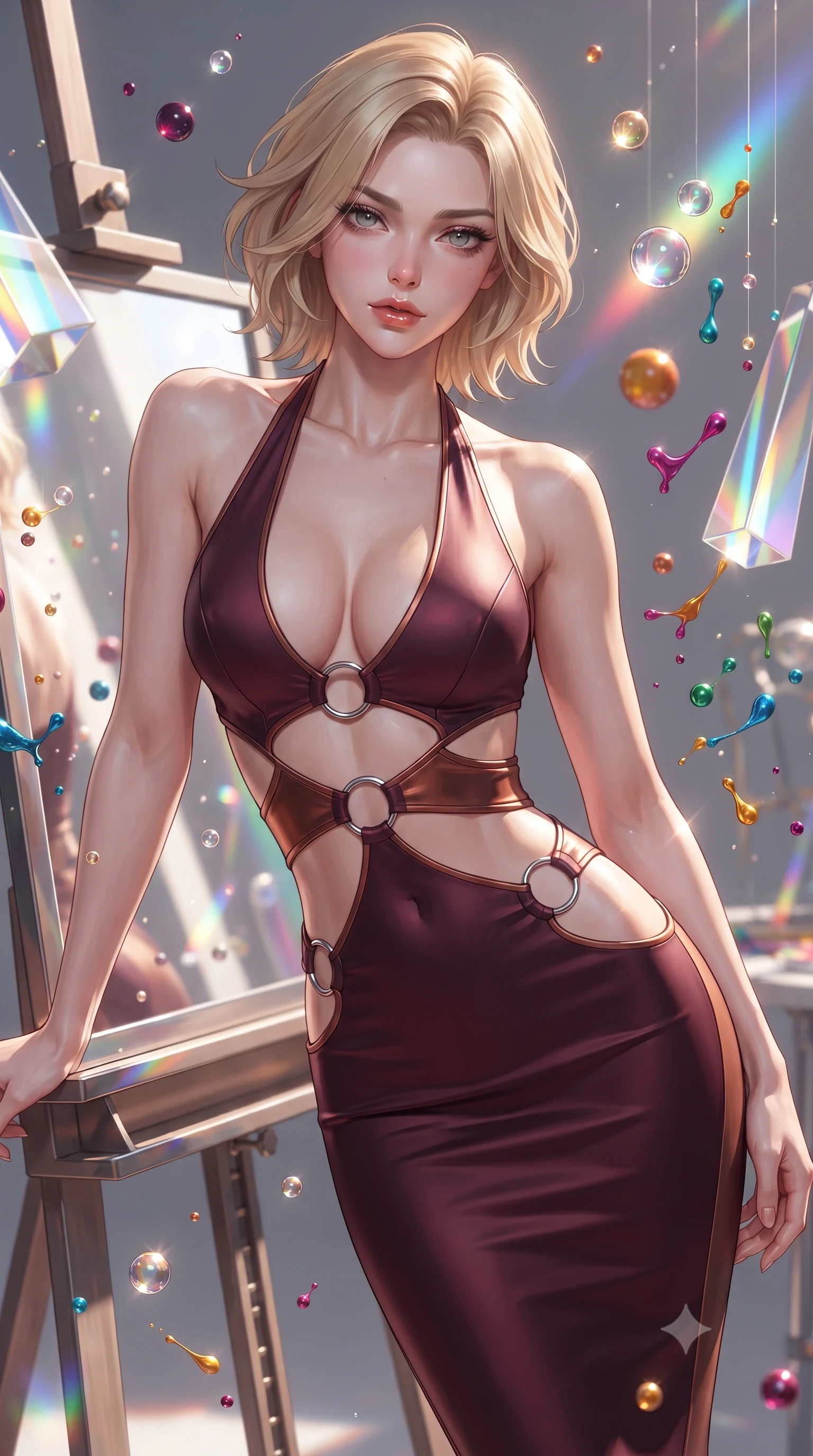 score_9, masterpiece, best quality, ultra-detailed, high-budget anime keyframe, editorial fashion photography, tasteful artistic composition, Caucasian woman. close-up cowboy shot from the waist and thighs up, the character dominates the composition, filling the frame with her large presence, background elements kept in soft focus. Leaning slightly forward with a composed, seductive gaze under soft glowing light leaning against a mirrored easel surrounded by suspended pigment spheres, vibrant paint droplets frozen in time casting specular highlights. She has an exceptionally elegant, slender, and willowy female figure with an ultra-slim waist, a gracefully sculpted slender torso, and a refined silhouette. sharp v-shaped jawline, high-bridge nose, intricate jewel-like eyes with depth, thick eyelashes, glossy lips with a natural sheen. wearing a deep-scoop halter bodycon dress with hip cutouts connected by silver rings in deep burgundy and bronze, formed from sleek second-skin neoprene, featuring clean architectural cutouts along her slender torso, the glove-like fit emphasizing her statuesque silhouette. illuminated by brilliant multi-color rainbow light refracting through glass. ultra-reflective glossy finish, specular highlights, metallic sheen, high-contrast stereoscopic depth, volumetric dynamic lighting, 2k, ultra detail, master piece, 9:16 ratio