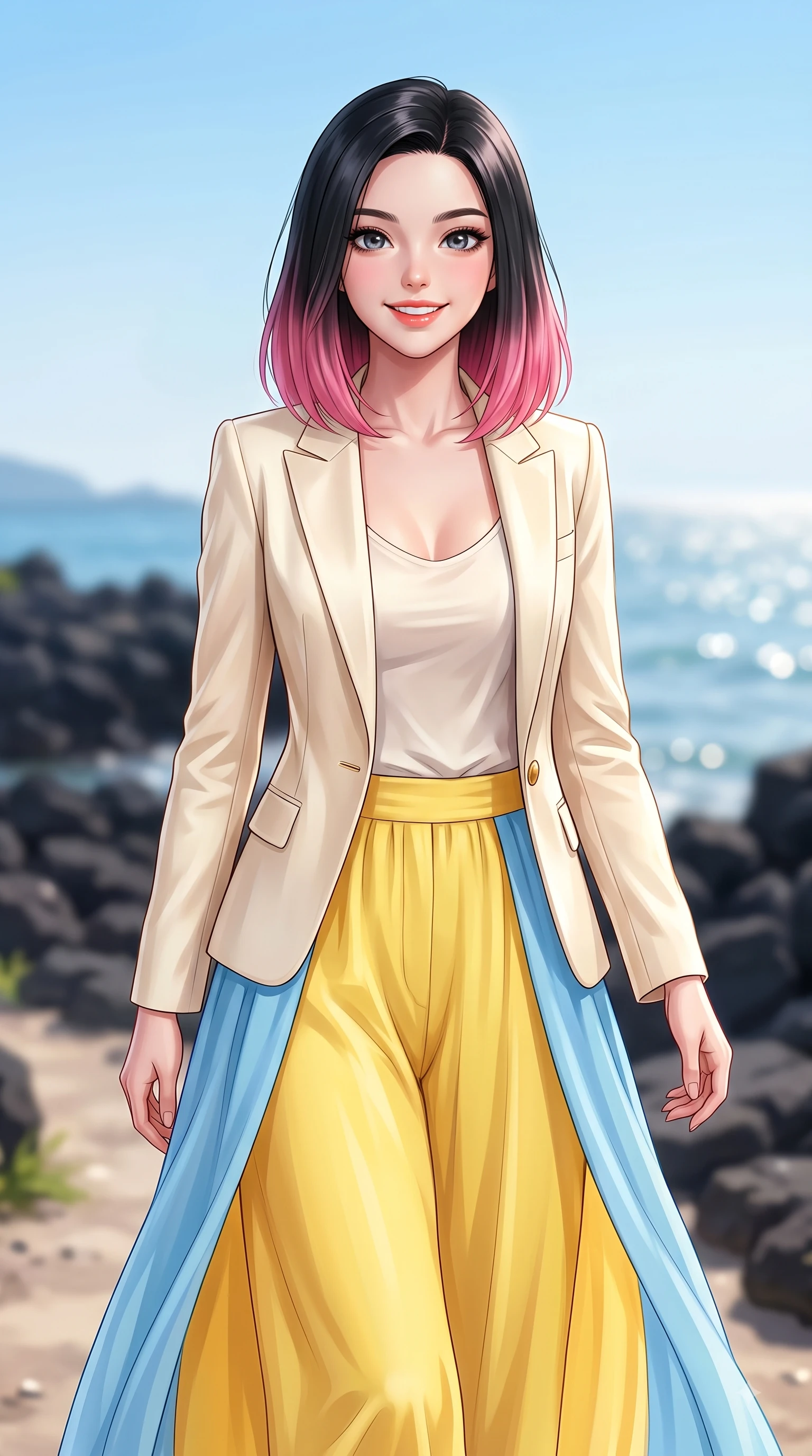 score_9, masterpiece, best quality, ultra-detailed, high-budget anime keyframe, editorial fashion photography, tasteful artistic composition, Korean woman. close-up cowboy shot from the waist and thighs up, the character dominates the composition, filling the frame with her large presence. Youthful bright smile exuding pure cute charm and fresh energy, her torso turning dynamically into the lens while strolling along a sun-drenched island path with the sparkling sea stretching into the distance. The composition keeps background elements in soft focus with dreamy bokeh. dark basalt rocks and clear blue skies softened with a gentle background blur. She has an exceptionally elegant, slender, and willowy female figure with an ultra-slim waist, a gracefully sculpted slender torso, and a refined silhouette. sharp v-shaped jawline, high-bridge nose, intricate jewel-like eyes with depth, thick eyelashes, glossy lips with a natural sheen, flawlessly proportioned anatomical accuracy, natural body alignment, perfectly sculpted elegant limbs, clean dynamic posture without body distortion. wearing a tailored cream silk blazer over a fitted scoop-neck camisole and slacks in sunny canary yellow and clear sky blue, crafted from lightweight fluid chiffon, adorned with delicate gold buttons along the front, the elegant draped fit framing her graceful clavicle and slender torso. surrounded by a fresh, sun-drenched, and relaxing vacation atmosphere. highly saturated vibrant anime colors, detailed shading with soft gradients, rich glossy textures, high-contrast stereoscopic depth, volumetric dynamic lighting, master piece, 9:16 ratio