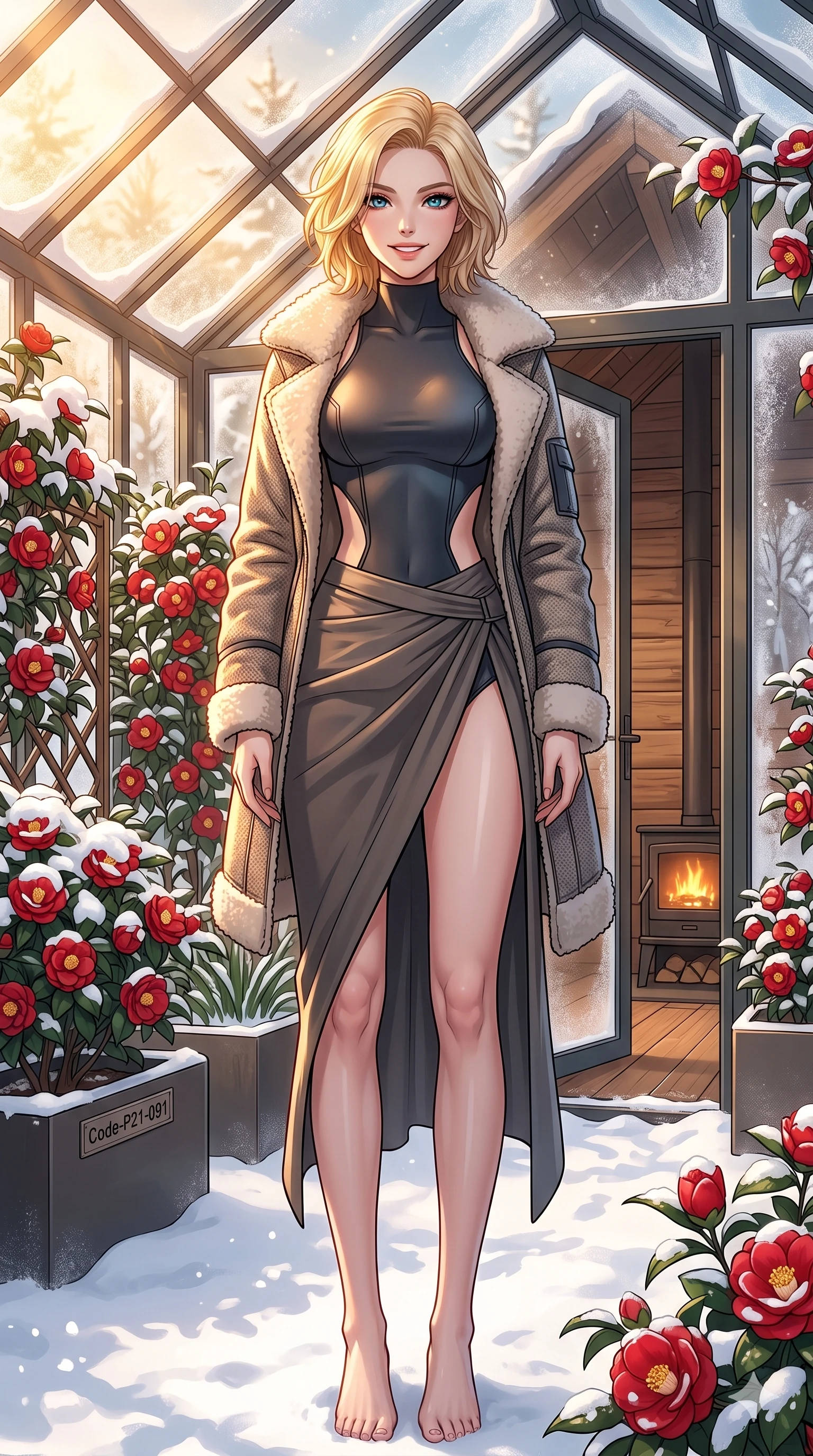 score_9, masterpiece, best quality, ultra-detailed, high-budget anime keyframe, vibrant anime aesthetic, Caucasian woman, strictly human ears. cowboy shot from the thighs up, character and outfit filling the frame for maximum presence. She is standing proud and tall in snow, her face lit by a warm, lively smile of confidence inside a modern greenhouse filled with red camellias (Code-P21-091). She has an absolutely perfect 8-heads proportion, an exceptionally tall and slender female figure with impossibly long slender legs and an ultra-slim waist. V-shaped jawline, high-bridge nose, intricate jewel-like eyes with depth, thick eyelashes, glossy lips with a natural sheen. wearing a neoprene bodysuit with side cut-outs and high-slit wrap in winter cabin. She is illuminated by warm, golden sun rays highlighting the textures of her cozy coat. 2k, ultra detail, master piece, 9:16 ratio