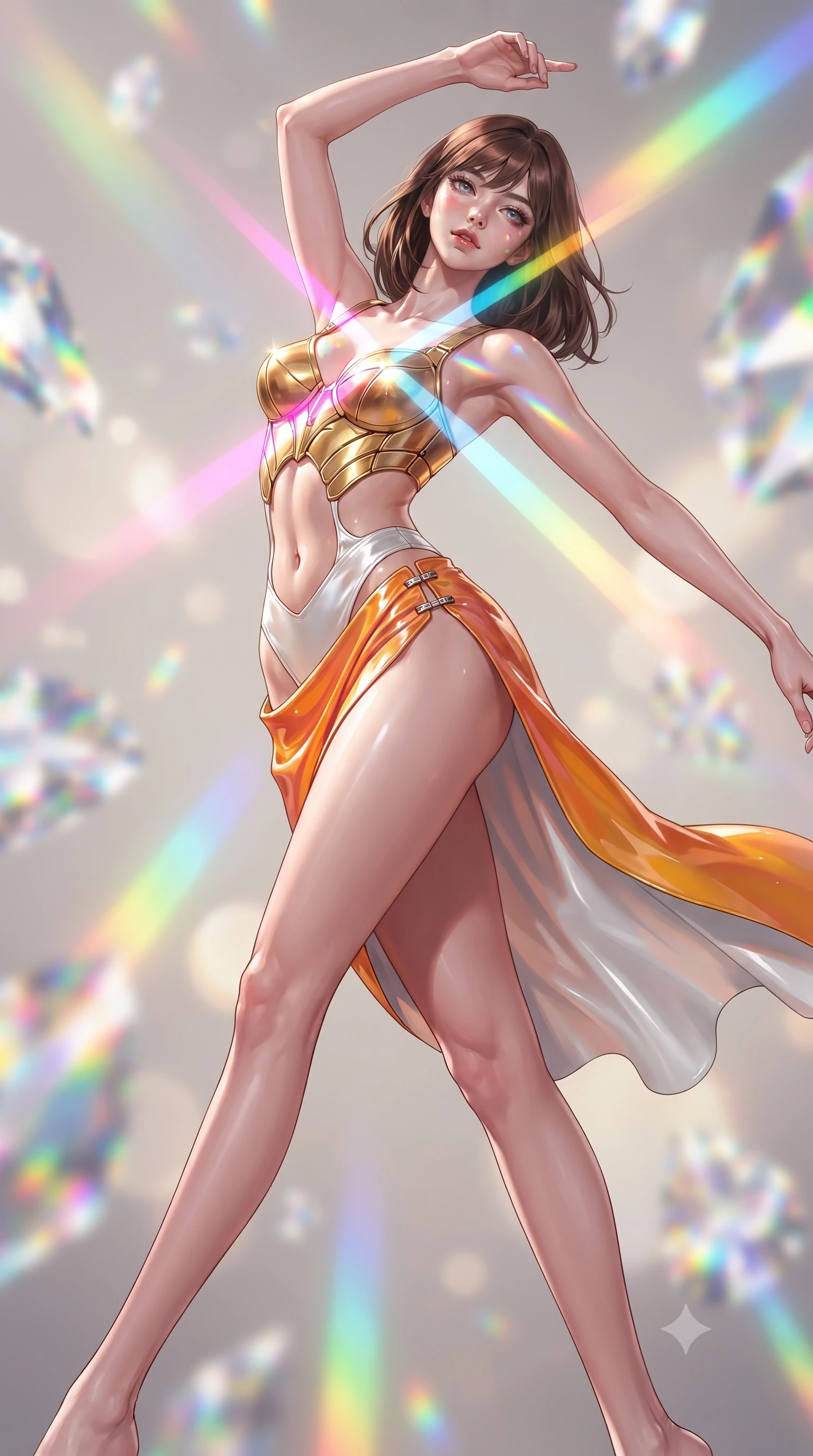score_9, masterpiece, best quality, ultra-detailed, high-budget anime keyframe, editorial fashion photography, tasteful artistic composition, Korean woman. low angle full-body shot from head to toe showing her feet, filling the entire 9:16 vertical frame with her statuesque presence, stretching her vertical silhouette. arching her back in a fluid zero-gravity turn with sovereign grace, her long slender legs and sculpted torso creating a sweeping line while twisting her upper body in a dynamic S-curve as brilliant magenta, cyan, and yellow prism beams cross her chest. The composition keeps background elements in soft focus with creamy bokeh. vibrant rainbow spectrum light beams and crystal facets blurred into dazzling prismatic bokeh. She has an absolutely perfect, statuesque 8.5-heads proportion, an exceptionally tall and slender model-like female figure with impossibly long slender legs, a toned flat midriff, and an ultra-slim waist. sharp v-shaped jawline, high-bridge nose, intricate jewel-like eyes with depth, thick eyelashes, glossy lips with a natural sheen, flawlessly proportioned anatomical accuracy, strict slender model proportions, natural body alignment, perfectly sculpted long slender limbs, ultra-slim waistline, clean dynamic posture without body distortion. wearing a sculpted golden breastplate bodice paired with high-cut white satin briefs and a fluid draped side skirt in vivid sunset amber orange and cloud white, formed from high-gloss patent material with specular light reflections, finished with an ultra-high side slit secured by miniature magnetic clasps, the precision-cut daring openings accentuating her delicate midriff, graceful bare collarbones, and ultra-slim feminine waistline. surrounded by a hyper-creative, radiant, and fiercely chic modern fashion editorial aura. ultra-reflective glossy finish, specular highlights, metallic sheen, high-contrast stereoscopic depth, volumetric dynamic lighting, 2k, ultra detail, master piece, 9:16 ratio