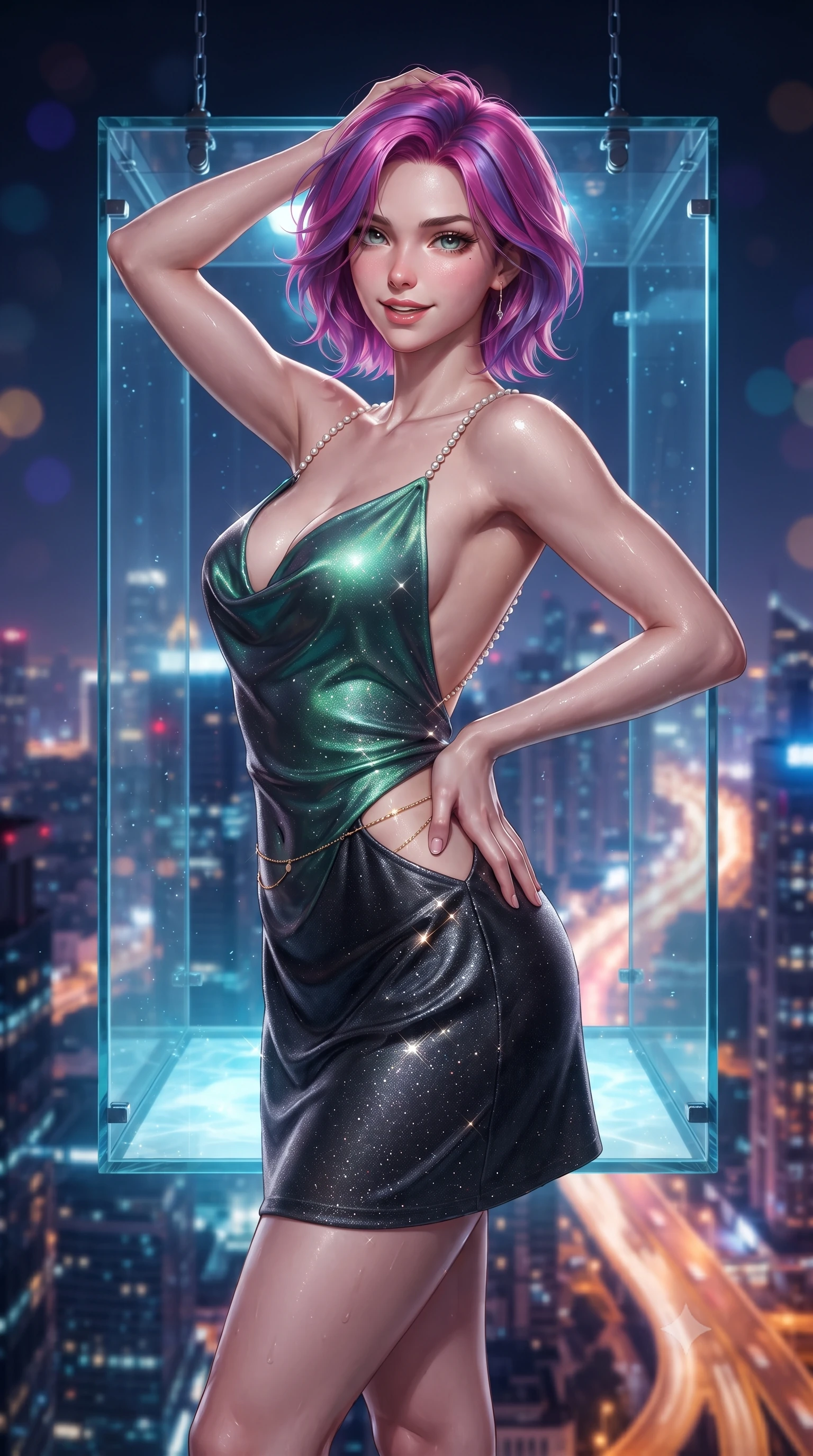 score_9, masterpiece, best quality, ultra-detailed, high-budget anime keyframe, editorial fashion photography, tasteful artistic composition, Caucasian woman. close-up cowboy shot from the waist and thighs up, the character dominates the composition, filling the frame with her large presence. twisting her slender torso in an alluring contrapposto stance, one hand resting on her sculpted hip while her fingers toy with her hair with effortless poise while standing centered in the fully transparent glass swimming cube suspended outside the skyscraper, arching her back with breathtaking daring. The background shows a soft-focus the vast sea of illuminated city skyscrapers, snaking neon expressways miles below, and midnight sky blurred into sapphire, gold, and violet bokeh. She has an exceptionally elegant, slender, and willowy female figure with an ultra-slim waist, flat toned midriff, narrow ribcage, and sculpted feminine hips creating an alluring, slim hourglass silhouette without bulk. sharp v-shaped jawline, high-bridge nose, sparkling eyes with hypnotic seductive depth, thick curled eyelashes, glossy parted lips with a natural dewy peach sheen, alluring bedroom-eyes with an enchanting coquettish smile, exuding magnetic siren charisma and sophisticated glamour, flawlessly proportioned anatomical accuracy, strict slender model proportions, natural body alignment, perfectly sculpted long slender limbs, ultra-slim waistline, clean dynamic posture without body distortion. wearing a low-cut draped cowl-back satin slip mini dress with dainty pearl spaghetti straps in iridescent emerald satin and dark charcoal velvet, woven from stretch metallic lurex jersey casting radiant starlight glints across her silhouette, accented with a dainty gold belly chain resting across her flat midriff and curving hips, the precision-cut side openings and low-back scoop framing her graceful spine and the sensual sweep of her slim, toned hips. bathed in crisp underwater pool lighting paired with upward metropolitan light pollution fill. ultra-reflective glossy finish, specular highlights, rich textural contrasts, high-contrast stereoscopic depth, volumetric dynamic lighting, 2k, ultra detail, master piece, 9:16 ratio