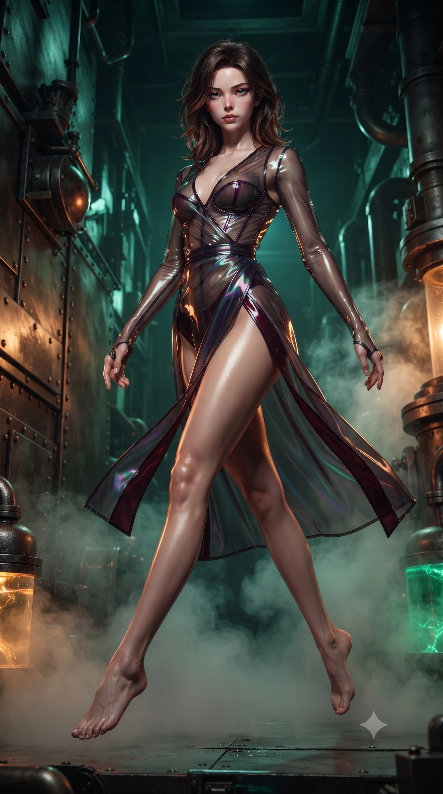 score_9, masterpiece, best quality, ultra-detailed, high-budget anime keyframe, editorial fashion photography, tasteful artistic composition, Korean woman. low angle full-body shot from head to toe showing her feet, filling the entire 9:16 vertical frame with her statuesque presence, stretching her vertical silhouette. performing an alluring mid-air vault with flawless poise, looking directly into the camera with smoldering, predatory intensity while stepping gracefully through drifting chemical mist with a provocative, bedroom-eyed glance into the lens. The surrounding environment is rendered in vivid detail and crisp panoramic clarity. sharp steam vent nozzles, riveted iron plates, and glowing fluid caustics in high clarity. She has an absolutely perfect, statuesque 8.5-heads proportion, an exceptionally tall and slender model-like female figure with impossibly long slender legs, a toned flat midriff, and an ultra-slim waist. sharp v-shaped jawline, high-bridge nose, intricate jewel-like eyes with depth, thick eyelashes, glossy lips with a natural sheen, flawlessly proportioned anatomical accuracy, strict slender model proportions, natural body alignment, perfectly sculpted long slender limbs, ultra-slim waistline, clean dynamic posture without body distortion. wearing a translucent iridescent dark organza wrap dress with structured bustier boning, plunging neckline, and high-cut dual leg slits in deep burgundy wine and specular dark chrome, tailored from semi-translucent dark cybernetic vinyl with subtle glowing micro-filaments, finished with an ultra-high side slit secured by miniature magnetic clasps, the glove-like aerodynamic second-skin fit tightly clinging to her ultra-slender waist and athletic curves without adding bulk, accentuating her razor-sharp statuesque lines and slim hourglass silhouette. bathed in eerie emerald bioluminescent backlighting and warm amber lamp fill light. ultra-reflective glossy finish, specular highlights, dark metallic sheen, deep chiaroscuro contrast, volumetric dynamic shadow lighting, 2k, ultra detail, master piece, 9:16 ratio