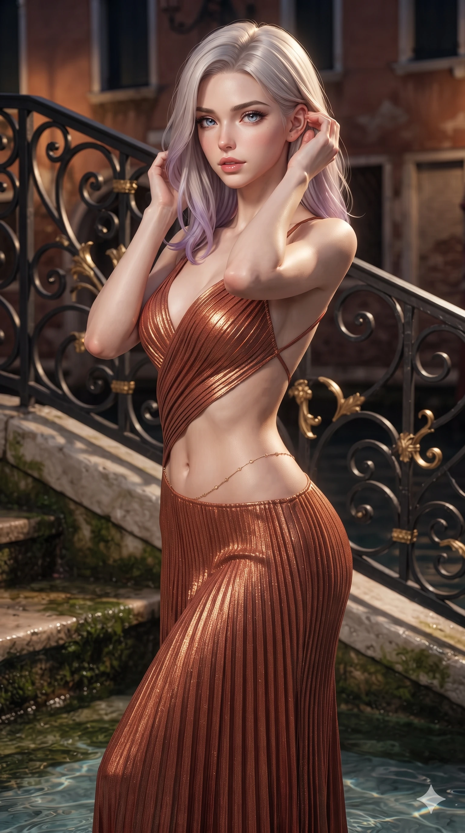 score_9, masterpiece, best quality, ultra-detailed, high-budget anime keyframe, editorial fashion photography, tasteful artistic composition, Caucasian woman. close-up cowboy shot from the waist and thighs up, the character dominates the composition, filling the frame with her large presence. gently brushing a lock of hair behind her ear while casting a playful, flirtatious side-gaze with long eyelashes while standing poised on the submerged marble water-steps, arching her spine with seductive elegance as canal waves lap gently against the palazzo foundation. The surrounding environment is rendered in vivid detail and crisp panoramic clarity: sharp wrought-iron scrollwork with gold accents, wet mossy marble step texture, and crisp water ripple caustic patterns in deep focus. She has an exceptionally elegant, slender, and willowy female figure with an ultra-slim waist, flat toned midriff, narrow ribcage, and sculpted feminine hips creating an alluring, slim hourglass silhouette without bulk. sharp v-shaped jawline, high-bridge nose, intricate jewel-like eyes with depth, thick eyelashes, glossy parted lips with a natural sheen, intensely captivating and seductive bedroom-eyes expression, flawlessly proportioned anatomical accuracy, strict slender model proportions, natural body alignment, perfectly sculpted long slender limbs, ultra-slim waistline, clean dynamic posture without body distortion. wearing a shimmering pleated metallic lamé gown with delicate crossover back straps and regal silhouette in warm Tuscan ochre and terracotta sienna, crafted from bespoke double-faced cashmere with an exceptionally soft tactile finish, accented with a dainty gold belly chain resting across her flat midriff and curving hips, the liquid-tight tailored fabric clinging flawlessly to her narrow waist and rounded feminine hips, emphasizing every millimeter of her sculpted slim hourglass curves without any bulky heaviness. bathed in romantic 2600K gaslight lantern radiance mixed with cool nocturnal canal reflections. ultra-reflective glossy finish, specular highlights, rich textural contrasts, high-contrast stereoscopic depth, volumetric dynamic lighting, 2k, ultra detail, master piece, 9:16 ratio