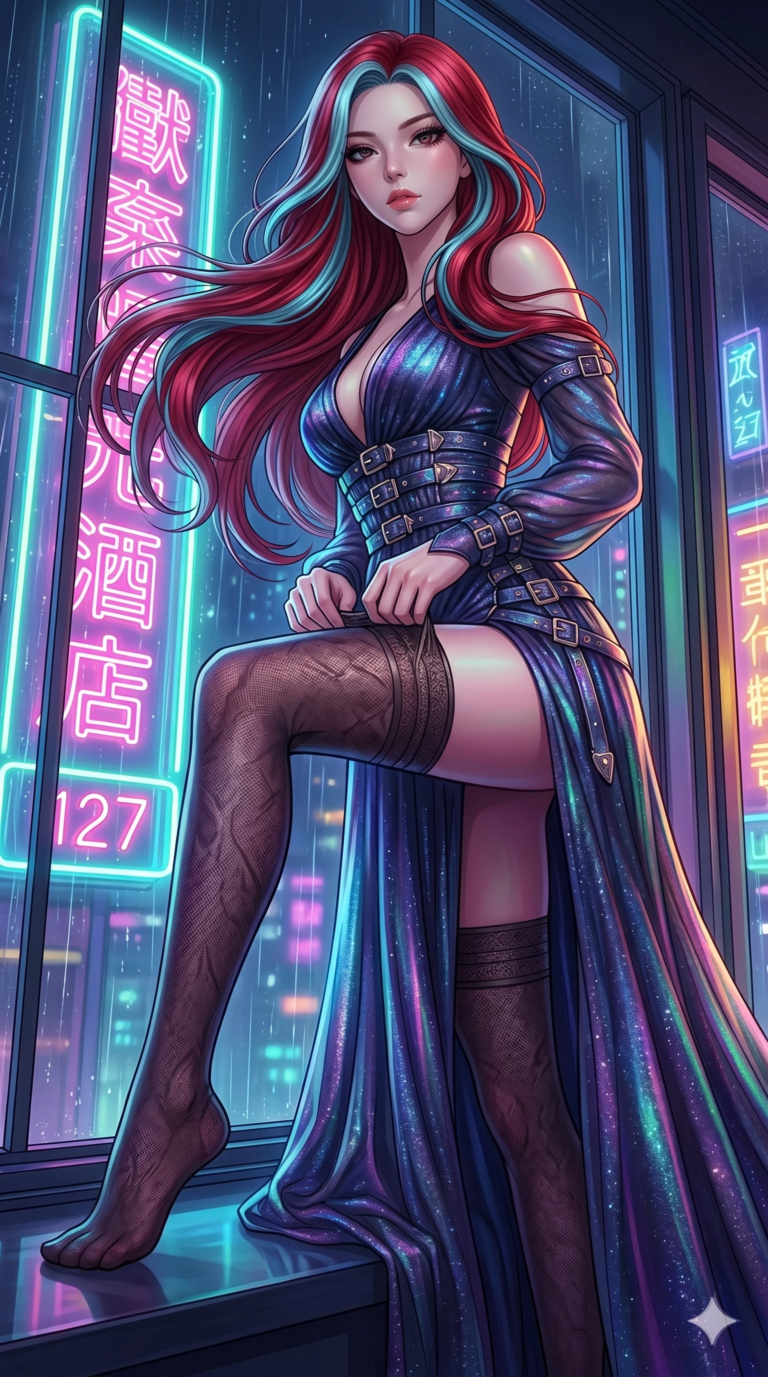 score_9, masterpiece, best quality, ultra-detailed, High-budget Anime Keyframe, East Asian woman. Low angle cowboy shot filling the entire 9:16 frame with her statuesque presence. Scenario 127: Adjusting her thigh-high stocking by a glowing neon window. Her presence is magnetic and overpowering in this high-budget anime scene. Outfit 127: A shimmering chiffon long with a thigh-high slit and metallic buckles. The clothing is designed to emphasize her exceptionally tall and slender 8-heads proportion. 8-heads proportion, towering silhouette, ultra-slim waist. sharp v-shaped jawline, intricate jewel-like eyes with depth, thick eyelashes, glossy lips. 2k, ultra detail, master piece, 9:16 ratio