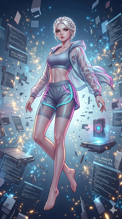 score_9, masterpiece, best quality, ultra-detailed, Set A: High-budget Anime Keyframe, Korean woman. Low angle cowboy shot filling the entire 9:16 frame with her statuesque presence. Floating through a virtual reality void, as gravity fails and every