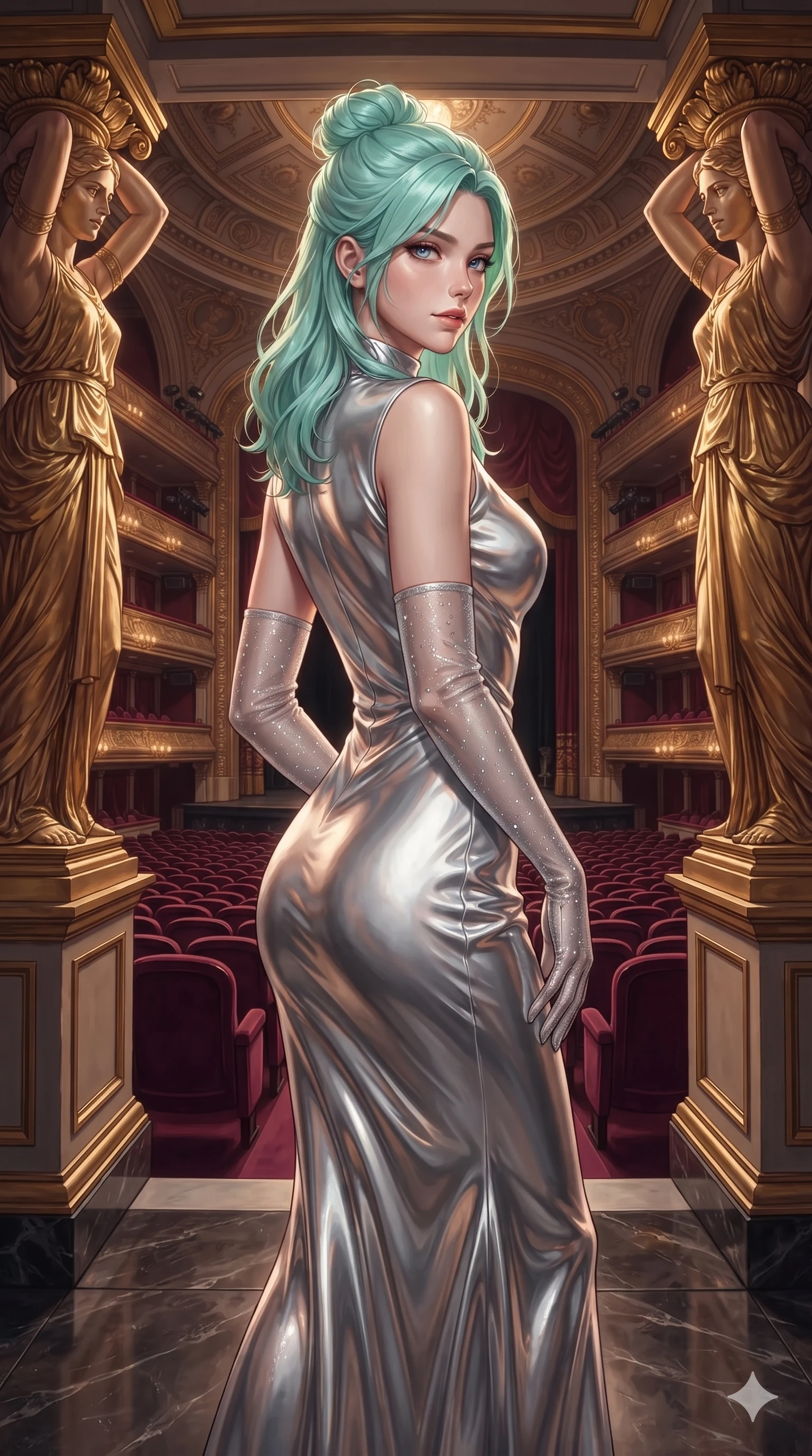 score_9, masterpiece, best quality, ultra-detailed, high-budget anime keyframe, editorial fashion photography, tasteful artistic composition, Japanese woman. close-up cowboy shot from the waist and thighs up, the character dominates the composition, filling the frame with her large presence. twisting her slender torso in a deep contrapposto stance, hips dramatically shifted to accentuate her feminine curves while looking past her shoulder with smoldering bedroom-eyes while standing poised between monumental gilded cariatid columns overlooking the grand opera auditorium, arching her lower back with sovereign supermodel grace. The surrounding environment is rendered in vivid detail and crisp panoramic clarity: sharp gold-leaf statue drapery folds, crisp velvet fringe textures, and polished bronze railing brackets in deep focus. She has an exceptionally elegant, slender, and willowy female figure with an ultra-slim waist, flat toned midriff, narrow ribcage, and sculpted feminine hips creating an alluring, slim hourglass silhouette without bulk. sharp v-shaped jawline, high-bridge nose, intricate jewel-like sparkling eyes with depth, thick eyelashes, glossy parted lips with a natural sheen, intensely captivating and seductive bedroom-eyes expression, exuding both youthful cute charm and sovereign luxury allure, flawlessly proportioned anatomical accuracy, strict slender model proportions, natural body alignment, perfectly sculpted long slender limbs, ultra-slim waistline, clean dynamic posture without body distortion. wearing a form-fitting liquid mercury jersey evening dress clinging smoothly to her narrow waist and rounded hips in shimmering silver mercury and pearl white, woven from buttery-soft stretch lambskin leather adhering to her body like a second skin, complemented by sheer opera-length evening gloves tracing her slender arms, the form-contouring material adhering flawlessly to her sculpted flat midriff and slender torso, emphasizing her long leg lines and perfectly proportioned willowy build. illuminated by velvet loge bounce and sharp gold-crimson rim lights defining her razor-sharp jawline, narrow waist, and curvy hips. ultra-reflective glossy finish, specular highlights, rich textural contrasts, high-contrast stereoscopic depth, volumetric dynamic lighting, 2k, ultra detail, master piece, 9:16 ratio