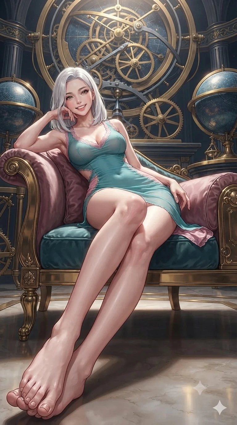 score_9, masterpiece, best quality, ultra-detailed, high-budget anime keyframe, editorial fashion photography, tasteful artistic composition, Korean woman. low angle full-body shot from head to toe showing her feet, filling the entire 9:16 vertical frame with her statuesque presence, stretching her vertical silhouette. reclining gracefully across the plush chaise lounge with one leg extended, her sculpted silhouette and flat midriff radiating magnetic nocturnal glamour while lounging gracefully across the curved astronomical daybed propped on one elbow with legs extended, displaying her long slender limbs and statuesque hourglass silhouette. The surrounding environment is rendered in vivid detail and crisp panoramic clarity: detailed garment tailoring, metallic hardware accents, and monumental Renaissance astronomical engineering in high resolution. She has an exceptionally tall and slender model-like 8.5-heads proportion, an ultra-slim waist, a flat toned midriff, narrow delicate ribcage, and beautifully sculpted feminine hips creating a graceful, slim hourglass silhouette without any bulky heaviness, with impossibly long slender legs. sharp v-shaped jawline, high-bridge nose, intricate jewel-like sparkling eyes with depth, thick eyelashes, glossy parted lips with a natural peach sheen, bright cheerful beaming smile with an enchanting and coquettish sensual glint, exuding both youthful cute charm and seductive allure, flawlessly proportioned anatomical accuracy, strict slender model proportions, natural body alignment, perfectly sculpted long slender limbs, ultra-slim waistline, clean dynamic posture without body distortion. wearing a semi-opaque sheer overlay dress worn over a leather micro-bodysuit with high-cut leg openings in subterranean lagoon turquoise and lotus blossom pink, woven from fine semi-opaque stretch illusion mesh tracing her slender contours, finished with scalloped eyelash lace trim framing her sweetheart neckline with intimate elegance, the precision-cut side openings and low-back scoop framing her graceful spine and the sensual sweep of her slim, toned hips. illuminated by polished brass reflection bounce and sharp starlight-gold rim lights defining her razor-sharp jawline, narrow waist, and curvy hips. ultra-reflective glossy finish, specular highlights, rich textural contrasts, high-contrast stereoscopic depth, volumetric dynamic lighting, 2k, ultra detail, master piece, 9:16 ratio