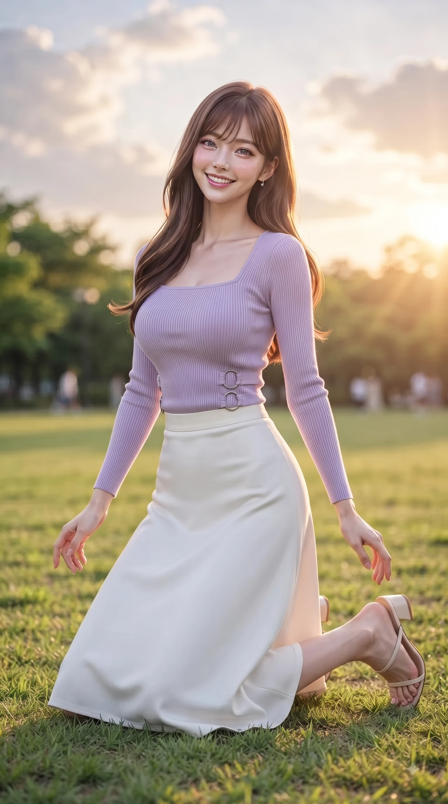 score_9, masterpiece, best quality, ultra-detailed, high-budget anime keyframe, editorial fashion photography, tasteful artistic composition, Korean woman. low angle full-body shot from head to toe showing her feet, filling the entire 9:16 vertical frame with her statuesque presence, stretching her vertical silhouette. performing a cheerful mid-motion turn with flawless poise, her radiant smile capturing fresh girlhood energy while resting on her knees on the grass as warm sunset rays illuminate her radiant beauty. The composition keeps background elements in soft focus with dreamy bokeh. green park lawns and glowing clouds blurred smoothly behind her elegant silhouette. She has an absolutely perfect, statuesque 8.5-heads proportion, an exceptionally tall and slender model-like female figure with impossibly long slender legs and an ultra-slim waist. sharp v-shaped jawline, high-bridge nose, intricate jewel-like eyes with depth, thick eyelashes, glossy lips with a natural sheen, flawlessly proportioned anatomical accuracy, natural body alignment, perfectly sculpted elegant limbs, clean dynamic posture without body distortion. wearing a chic square-neck ribbed top paired with a flowing A-line midi skirt in soft lavender violet and pearl white, made of premium stretch jersey that follows her curves like a glove, accented with subtle metallic ring hardware framing her waist, the form-contouring material highlighting her ultra-slim waist and long lines. surrounded by a serene, uplifting, and romantic park ambiance. ultra-reflective glossy finish, specular highlights, metallic sheen, high-contrast stereoscopic depth, volumetric dynamic lighting, 2k, ultra detail, master piece, 9:16 ratio