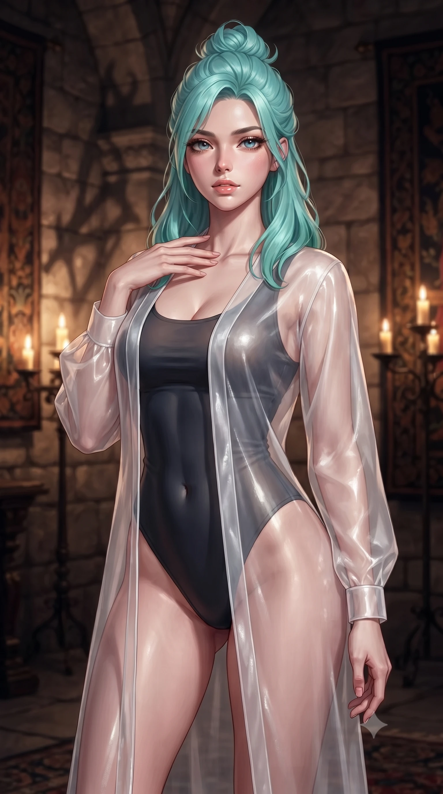 score_9, masterpiece, best quality, ultra-detailed, high-budget anime keyframe, editorial fashion photography, tasteful artistic composition, Japanese woman woman. close-up cowboy shot from the waist and thighs up, the character dominates the composition, filling the frame with her large presence, background elements kept in soft focus. standing with one hand resting on her collarbone, looking at the viewer with bedroom-eyes the background shows a soft-focus an old stone castle chamber with tapestries and candle stands. She has an exceptionally elegant, slender, and willowy female figure with an ultra-slim waist, a gracefully sculpted slender torso, and a refined silhouette. sharp v-shaped jawline, high-bridge nose, intricate jewel-like eyes with depth, thick eyelashes, glossy lips with a natural sheen. wearing a slim-fit sheer white organza resort cover-up worn over a form-fitting one-piece swimsuit, showing her elegant clavicle lines. warm flickering candle lights casting dramatic shadows on the stone walls. ultra-reflective glossy finish, specular highlights, metallic sheen, high-contrast stereoscopic depth, volumetric dynamic lighting, 2k, ultra detail, master piece, 9:16 ratio