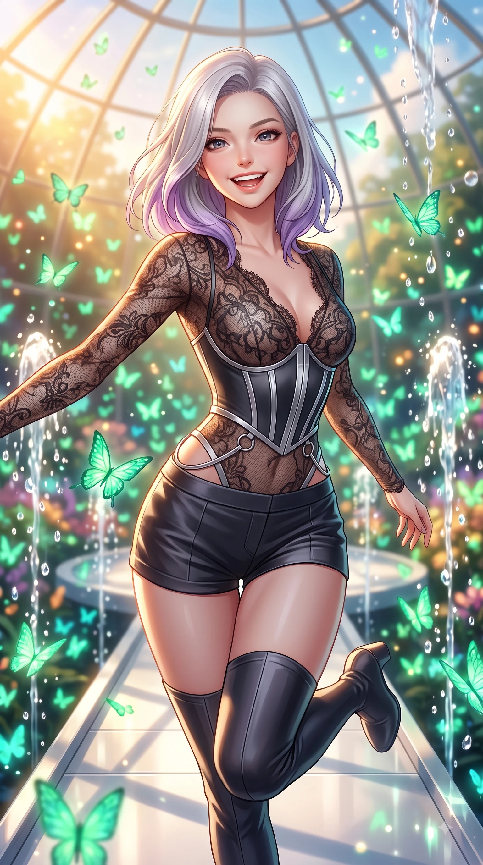 score_9, masterpiece, best quality, ultra-detailed, high-budget anime keyframe, editorial fashion photography, tasteful artistic composition, Caucasian woman. close-up cowboy shot from the waist and thighs up, the character dominates the composition, filling the frame with her large presence, background elements kept in soft focus. Gazing directly into the camera with a joyful, infectious smile as her torso curves dynamically in mid-stride while leaping playfully across a platinum walkway in a sunlit glass dome filled with glowing butterflies, translucent water droplets cascading down platinum fountains with sparkling luster. She has an exceptionally elegant, slender, and willowy female figure with an ultra-slim waist, a gracefully sculpted slender torso, and a refined silhouette. sharp v-shaped jawline, high-bridge nose, intricate jewel-like eyes with depth, thick eyelashes, glossy lips with a natural sheen, flawlessly proportioned anatomical accuracy, natural body alignment, perfectly sculpted elegant limbs, clean dynamic posture without body distortion. wearing a sheer dark lace pattern bodysuit with structured corsetry boning in matte black and polished silver, crafted from smooth liquid silk, accented with delicate chrome ring hardware framing her waist, the elegant draped fit framing her graceful clavicle and slender torso. bathed in warm golden sunlight and bright emerald bioluminescent glow. highly saturated vibrant anime colors, detailed shading with soft gradients, rich glossy textures, high-contrast stereoscopic depth, volumetric dynamic lighting, master piece, 9:16 ratio