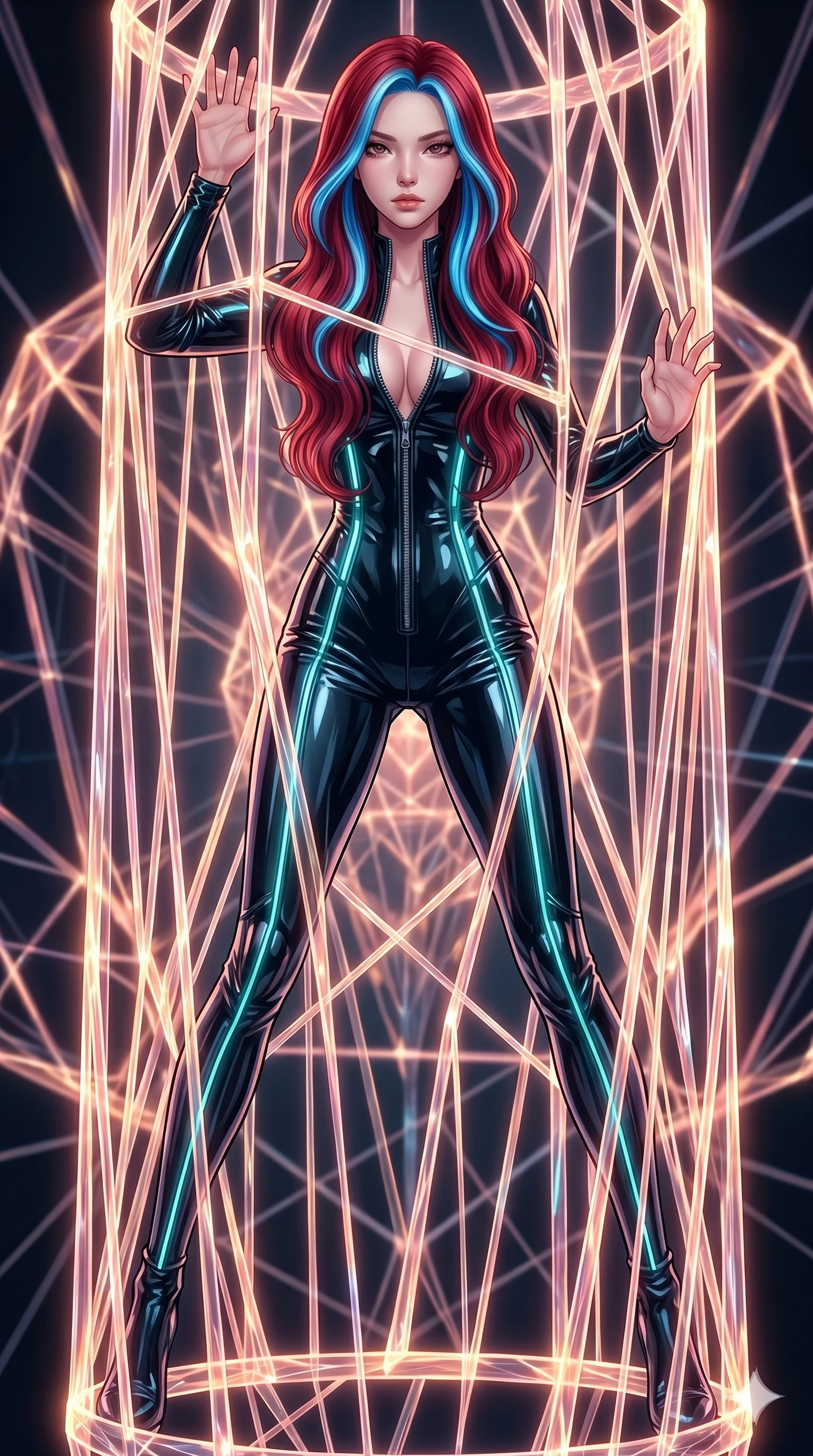 score_9, masterpiece, best quality, ultra-detailed, High-budget Anime Keyframe, East Asian woman. Dynamic full-body shot stretching the vertical silhouette to the limit. Scenario 142: Trapped in a cage of glowing crystalline fibers, body pressing against the bars. Her presence is magnetic and overpowering in this high-budget anime scene. Outfit 142: A patent leather second with a unzipped detail and glowing LED seams. The clothing is designed to emphasize her exceptionally tall and slender 8-heads proportion. 8-heads proportion, towering silhouette, ultra-slim waist. sharp v-shaped jawline, intricate jewel-like eyes with depth, thick eyelashes, glossy lips. 2k, ultra detail, master piece, 9:16 ratio