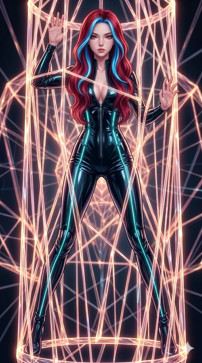score_9, masterpiece, best quality, ultra-detailed, High-budget Anime Keyframe, East Asian woman. Dynamic full-body shot stretching the vertical silhouette to the limit. Scenario 142: Trapped in a cage of glowing crystalline fibers, body pressing aga