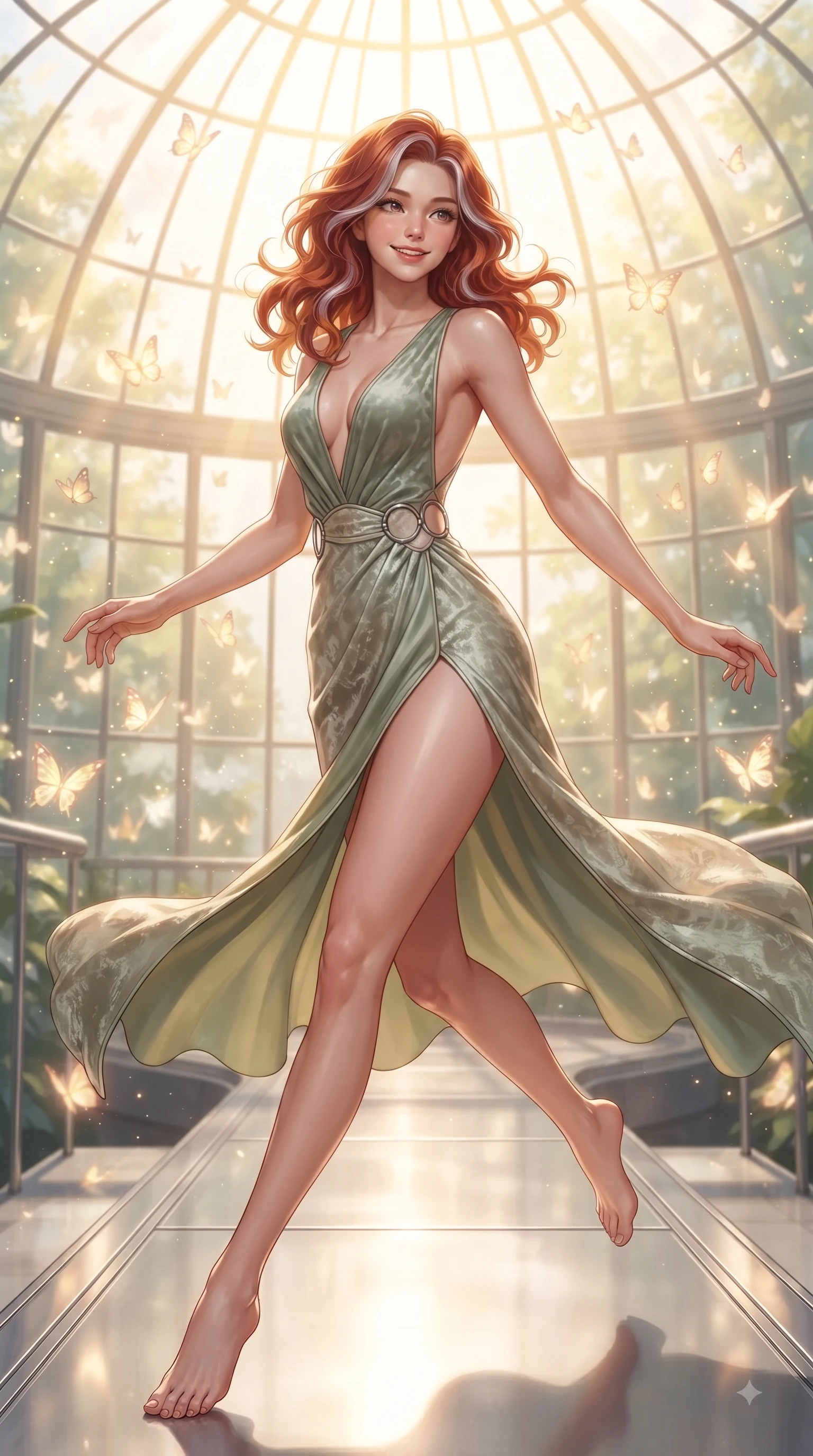 score_9, masterpiece, best quality, ultra-detailed, high-budget anime keyframe, editorial fashion photography, tasteful artistic composition, Caucasian woman. close-up cowboy shot from the waist and thighs up, the character dominates the composition, filling the frame with her large presence, background elements kept in soft focus. Warm delightful smile while casting a playful, joyful side-gaze with heavy lashes and a glowing expression while leaping playfully across a platinum walkway in a sunlit glass dome filled with glowing butterflies, intense volumetric sunbeams filtering through the glass dome ceiling in bright golden rays. She has an exceptionally elegant, slender, and willowy female figure with an ultra-slim waist, a gracefully sculpted slender torso, and a refined silhouette. sharp v-shaped jawline, high-bridge nose, intricate jewel-like eyes with depth, thick eyelashes, glossy lips with a natural sheen, flawlessly proportioned anatomical accuracy, natural body alignment, perfectly sculpted elegant limbs, clean dynamic posture without body distortion. wearing a backless crushed velvet gown with a deep V-neckline and high thigh slit in sage green and oatmeal, crafted from smooth liquid silk, accented with delicate chrome ring hardware framing her waist, the glove-like fit emphasizing her statuesque silhouette during motion. surrounded by a bright, airy greenhouse ambiance with radiant white and green highlights. ultra-reflective glossy finish, specular highlights, metallic sheen, high-contrast stereoscopic depth, volumetric dynamic lighting, 2k, ultra detail, master piece, 9:16 ratio