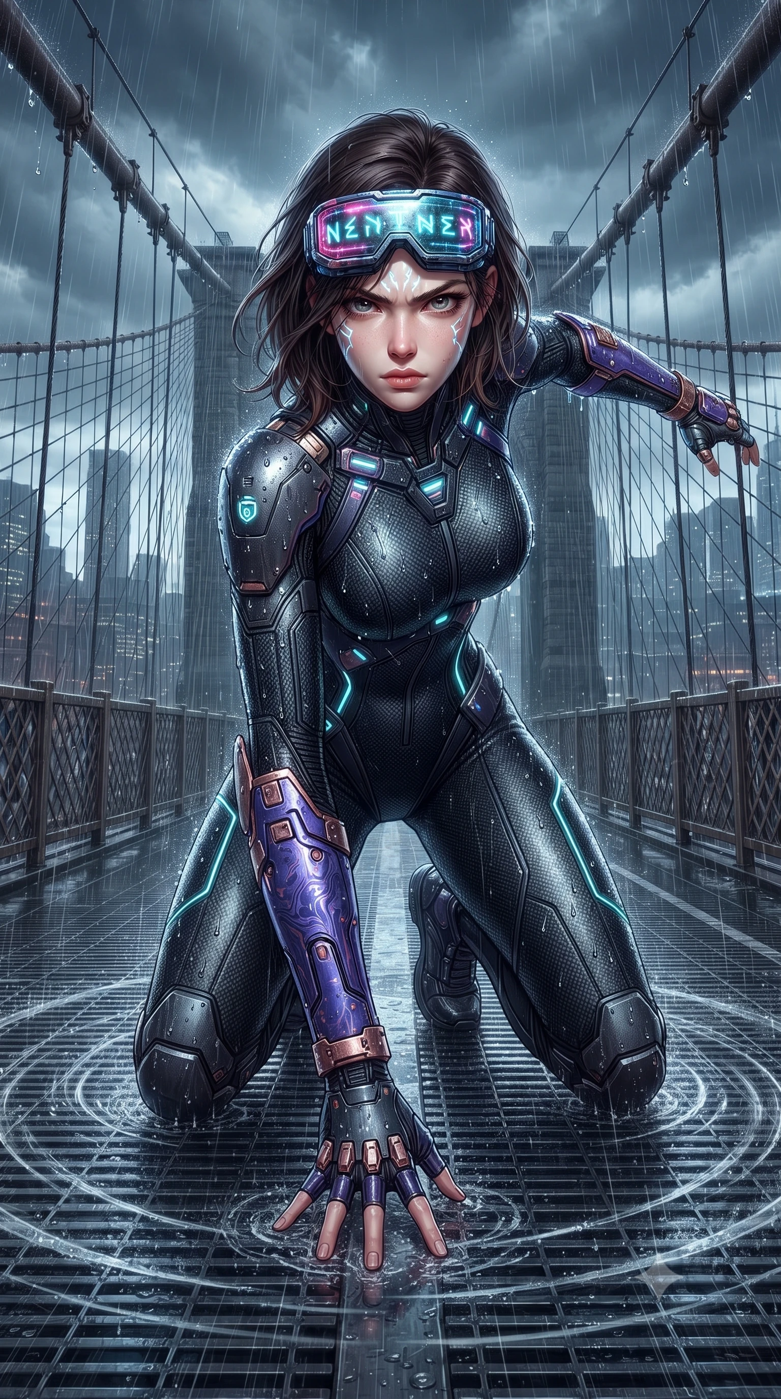 score_9, masterpiece, best quality, ultra-detailed, high-budget anime keyframe, editorial fashion photography, tasteful artistic composition, Korean woman. low angle full-body shot from head to toe showing her feet, filling the entire 9:16 vertical frame with her statuesque presence, stretching her vertical silhouette. landing gracefully from a high-altitude leap on one knee and palm, her statuesque silhouette framed by radial shockwave ripples in the ground while striding commanding across the wet suspension cables with sovereign balance and supreme athletic poise. The surrounding environment is rendered in vivid detail and crisp panoramic clarity. crystal-clear transparent visor reflections, distinct raindrop beads on armor, and bridge steel grating in deep focus. She has an absolutely perfect, statuesque 8.5-heads proportion, an exceptionally tall and slender model-like female figure with impossibly long slender legs, a toned flat midriff, and an ultra-slim waist. sharp v-shaped jawline, high-bridge nose, intricate jewel-like eyes with depth, thick eyelashes, glossy lips with a natural sheen, fierce and resolute heroine expression, flawlessly proportioned anatomical accuracy, strict slender model proportions, natural body alignment, perfectly sculpted long slender limbs, ultra-slim waistline, clean dynamic posture without body distortion. wearing high-tech holographic tactical goggles resting tipped up on her forehead, casting glowing neon runes across her brow without obscuring her features, paired with a skin-tight dark carbon-weave combat bodysuit with glowing neon energy conduits and reinforced Damascus-pattern forearm strike guards in royal purple carbon fiber with distressed rose-gold hardware and buckles, crafted from ultra-strong woven carbon-fiber composite with battle-tested satin luster, detailed with kinetic shock-dampening knuckle guards and polished chrome connection joints, the form-contouring material adhering flawlessly to her sculpted flat midriff and slender torso, emphasizing her long leg lines and perfectly proportioned willowy build. illuminated by crisp specular highlights tracing her sculpted flat midriff, bare spine, and slender limbs. ultra-reflective glossy finish, specular highlights, dark metallic sheen, high-contrast stereoscopic depth, volumetric dynamic lighting, 2k, ultra detail, master piece, 9:16 ratio