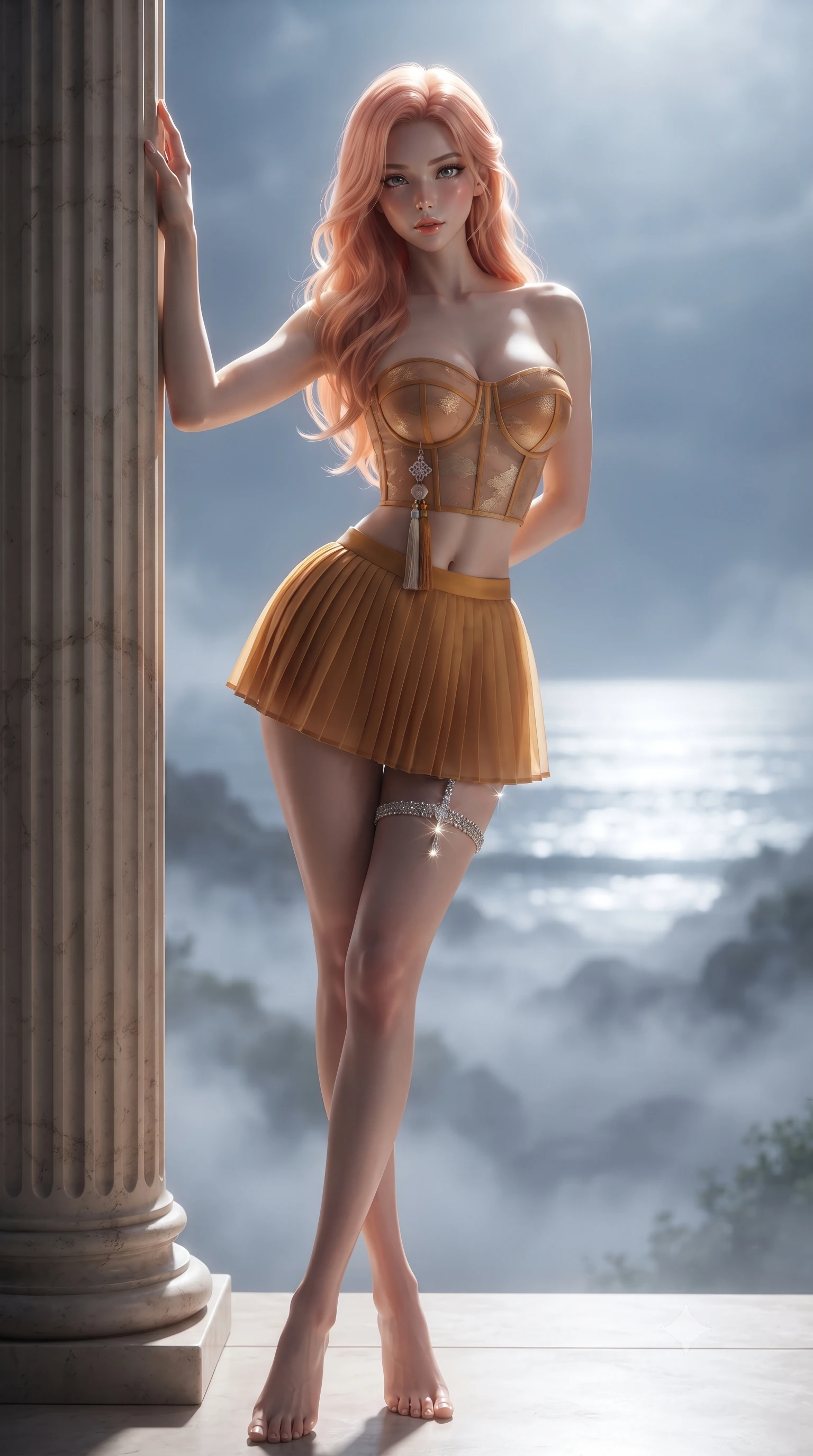 score_9, masterpiece, best quality, ultra-detailed, high-budget anime keyframe, editorial fashion photography, tasteful artistic composition, Japanese woman. low angle full-body shot from head to toe showing her feet, filling the entire 9:16 vertical frame with her statuesque presence, stretching her vertical silhouette. standing tall beside the architectural column, one hand resting high while arching her lower back to emphasize her sculpted feminine hips and slender waist while twisting her slender torso in an alluring contrapposto stance, moonlight carving sharp highlights across her flat midriff and curvy hips. The background shows a soft-focus floating mist layers over the coastline softened in romantic high-altitude shallow focus. She has an absolutely perfect, statuesque 8.5-heads proportion, an exceptionally tall and slender model-like female figure with impossibly long slender legs, an ultra-slim waist, a flat toned midriff, narrow delicate ribcage, and beautifully sculpted feminine hips creating a graceful, slim hourglass silhouette without any bulky heaviness. sharp v-shaped jawline, high-bridge nose, sparkling eyes with hypnotic seductive depth, thick curled eyelashes, glossy parted lips with a natural dewy peach sheen, alluring bedroom-eyes with an enchanting coquettish smile, exuding magnetic siren charisma and sophisticated glamour, flawlessly proportioned anatomical accuracy, strict slender model proportions, natural body alignment, perfectly sculpted long slender limbs, ultra-slim waistline, clean dynamic posture without body distortion. wearing a modern strapless boned hanbok bustier with traditional norigae tassel accents paired with a micro-pleated silk mini skirt in warm amber honey and antique gold leaf, made of delicate semi-sheer Korean gossamer organza with subtle pearlescent glints, accented with a delicate crystal-encrusted thigh garter strap glinting under the lights, the precision-cut side openings and low-back scoop framing her graceful spine and the sensual sweep of her slim, toned hips. bathed in brilliant horizontal moonlight sweeping across the ocean surface. ultra-reflective glossy finish, specular highlights, rich textural contrasts, high-contrast stereoscopic depth, volumetric dynamic lighting, 2k, ultra detail, master piece, 9:16 ratio