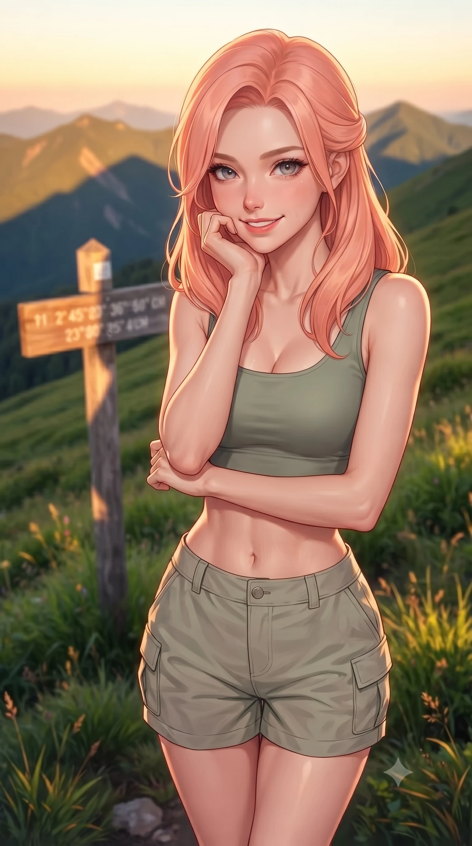score_9, masterpiece, best quality, ultra-detailed, high-budget anime keyframe, editorial fashion photography, tasteful artistic composition, Japanese woman. close-up cowboy shot from the waist and thighs up, the character dominates the composition, filling the frame with her large presence, background elements kept in soft focus. smiling cutely while resting her chin on her hand, looking directly into the lens set against a soft-focus background of on a green slope of a highland mountain covered in wild mountain grass with a wooden trail marker sign showing coordinates behind her. She has an exceptionally elegant, slender, and willowy female figure with an ultra-slim waist, a gracefully sculpted slender torso, and a refined silhouette. sharp v-shaped jawline, high-bridge nose, intricate jewel-like eyes with depth, thick eyelashes, glossy lips with a natural sheen. wearing tailored stylish crop top in sage green, paired with lightweight cargo shorts. golden hour sunset light casting long shadows of mountain peaks across the slope. highly saturated vibrant anime colors, detailed shading with soft gradients, rich glossy textures, high-contrast stereoscopic depth, volumetric dynamic lighting, master piece, 9:16 ratio