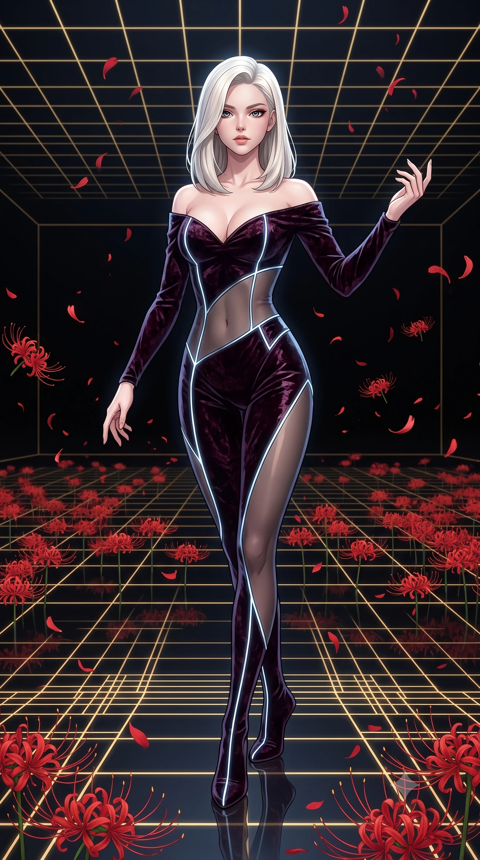 score_9, masterpiece, best quality, ultra-detailed, High-budget Anime Keyframe, Caucasian woman, strictly human ears. Low angle cowboy shot filling the entire 9:16 frame with her statuesque presence. Scenario 263: dancing amidst falling red spider lilies inside a digital arena where gold gridlines project onto the black walls. Her presence is magnetic and overpowering in this high-budget anime scene. Outfit 263: a tailored crushed dark velvet sheer with a low-cut shoulder and glowing LED seams. The clothing is designed to emphasize her exceptionally tall and slender 8-heads proportion. 8-heads proportion, towering silhouette, ultra-slim waist. sharp v-shaped jawline, intricate jewel-like eyes with depth, thick eyelashes, glossy lips. 2k, ultra detail, master piece, 9:16 ratio