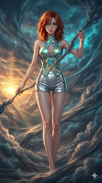 score_9, masterpiece, best quality, ultra-detailed, high-budget anime keyframe, Japanese woman. low angle full-body shot filling the entire 9:16 frame with her statuesque presence, stretching the vertical silhouette. threading through a volumetric cl